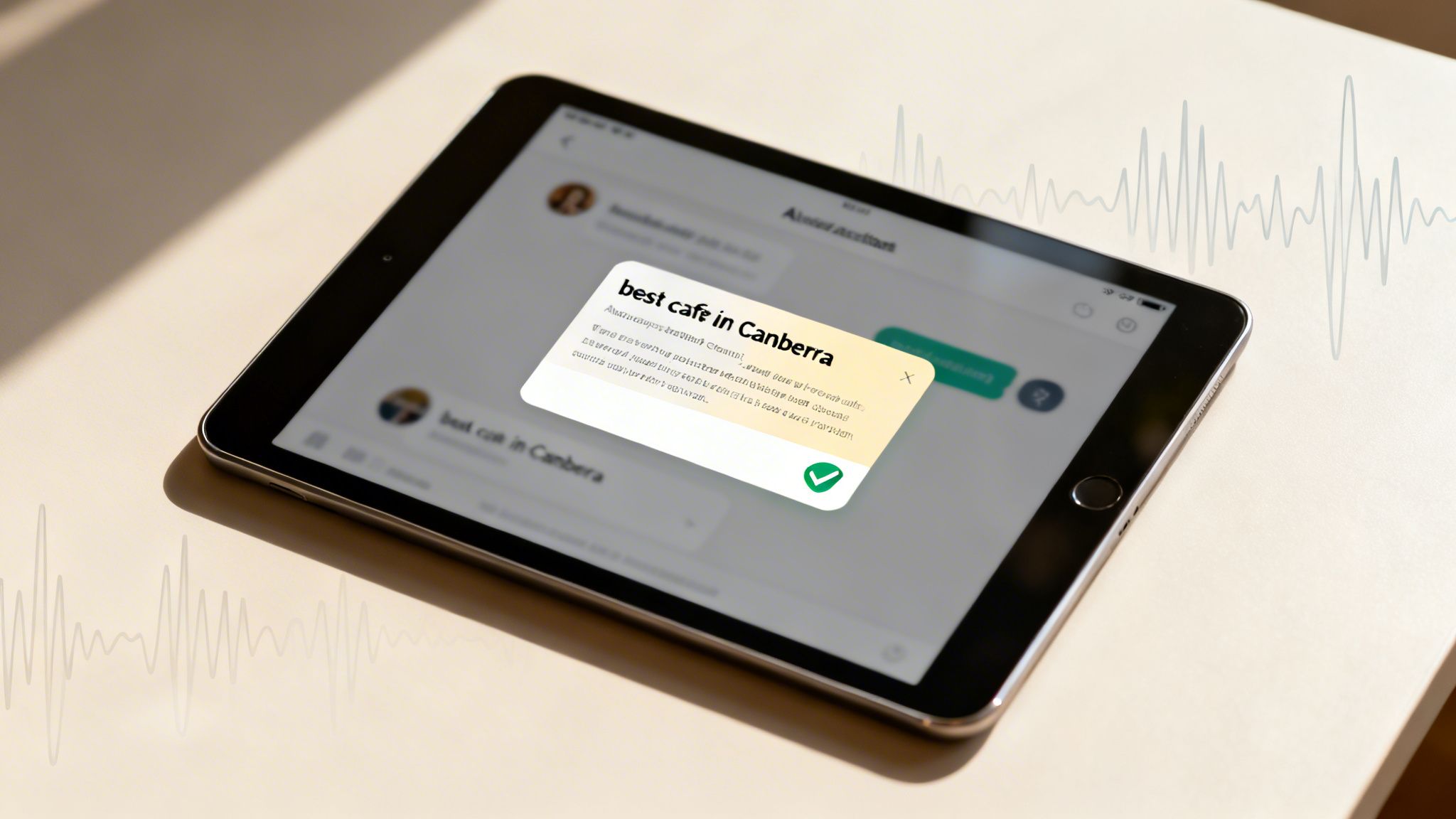 An iPad displaying 'best cafe in Canberra' search results with a green checkmark, on a white table with a waveform background.