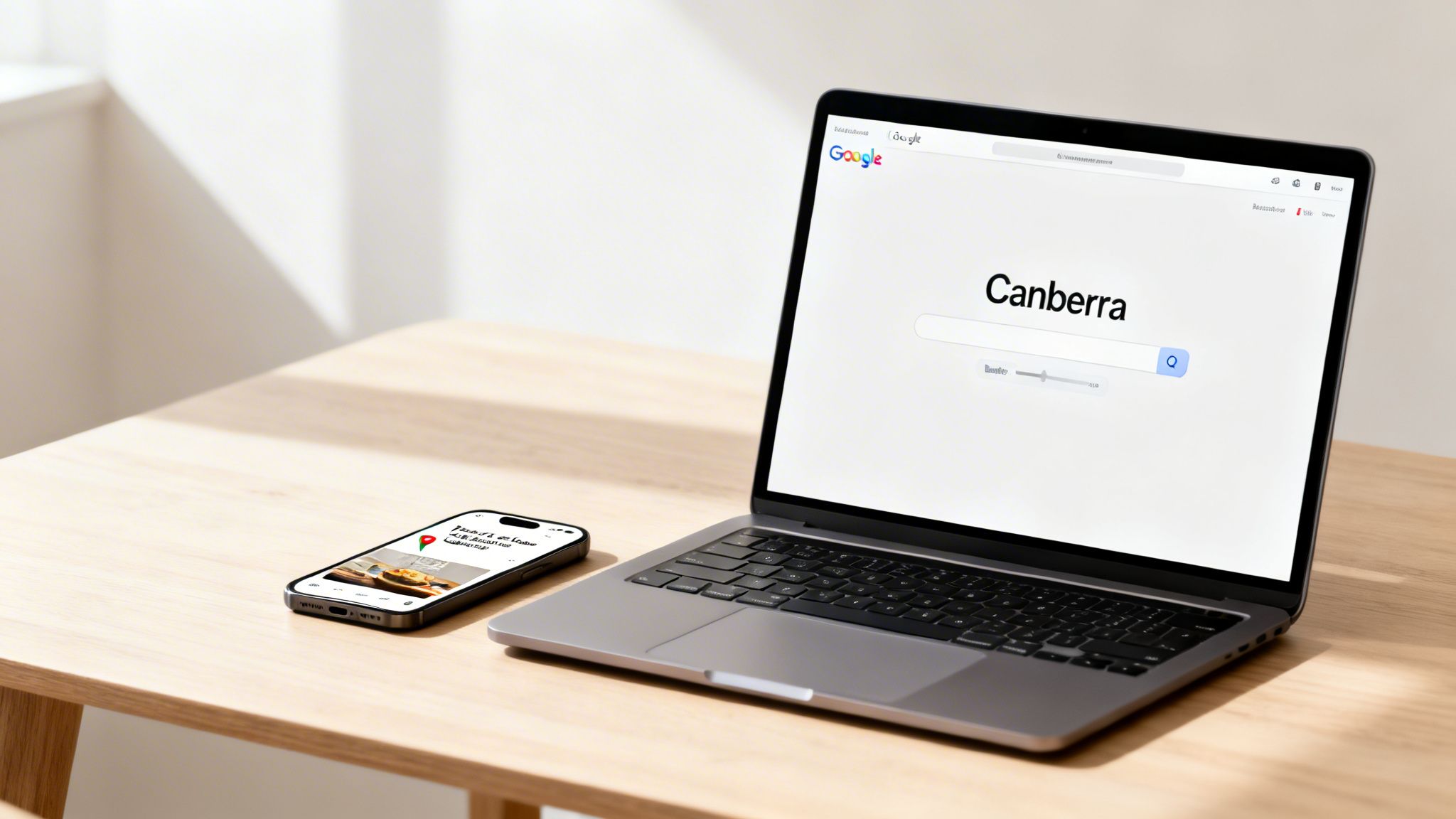 Modern workspace with a laptop searching Canberra on Google and a smartphone displaying content.