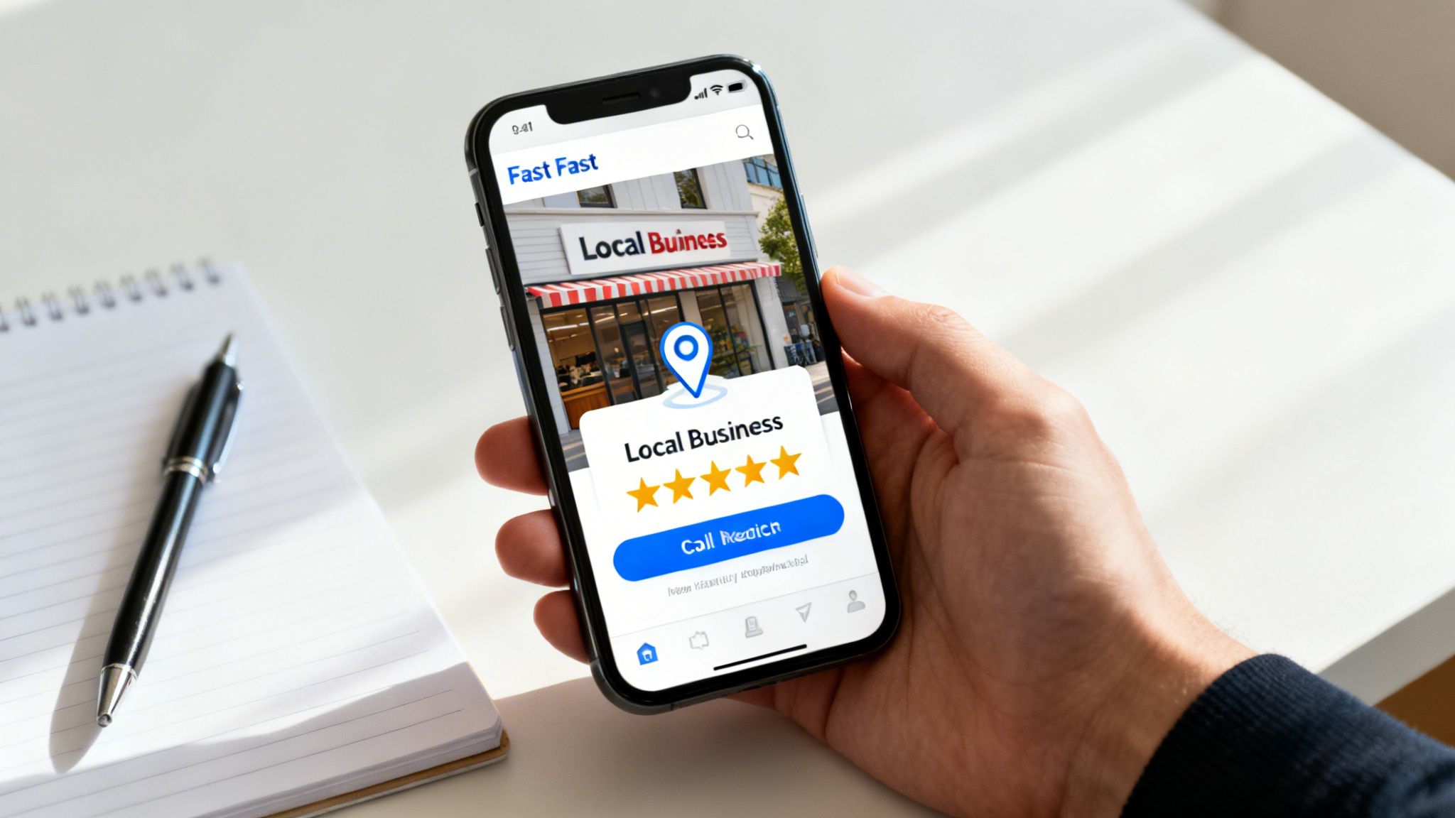 A hand holds a smartphone displaying a local business listing with a map pin and 4-star rating.