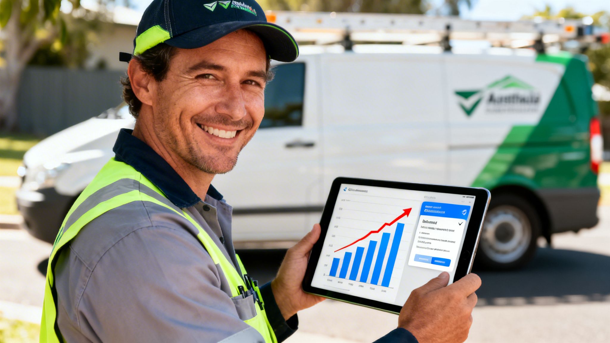 A smiling service technician in a high-vis vest holds a tablet displaying a business growth chart.