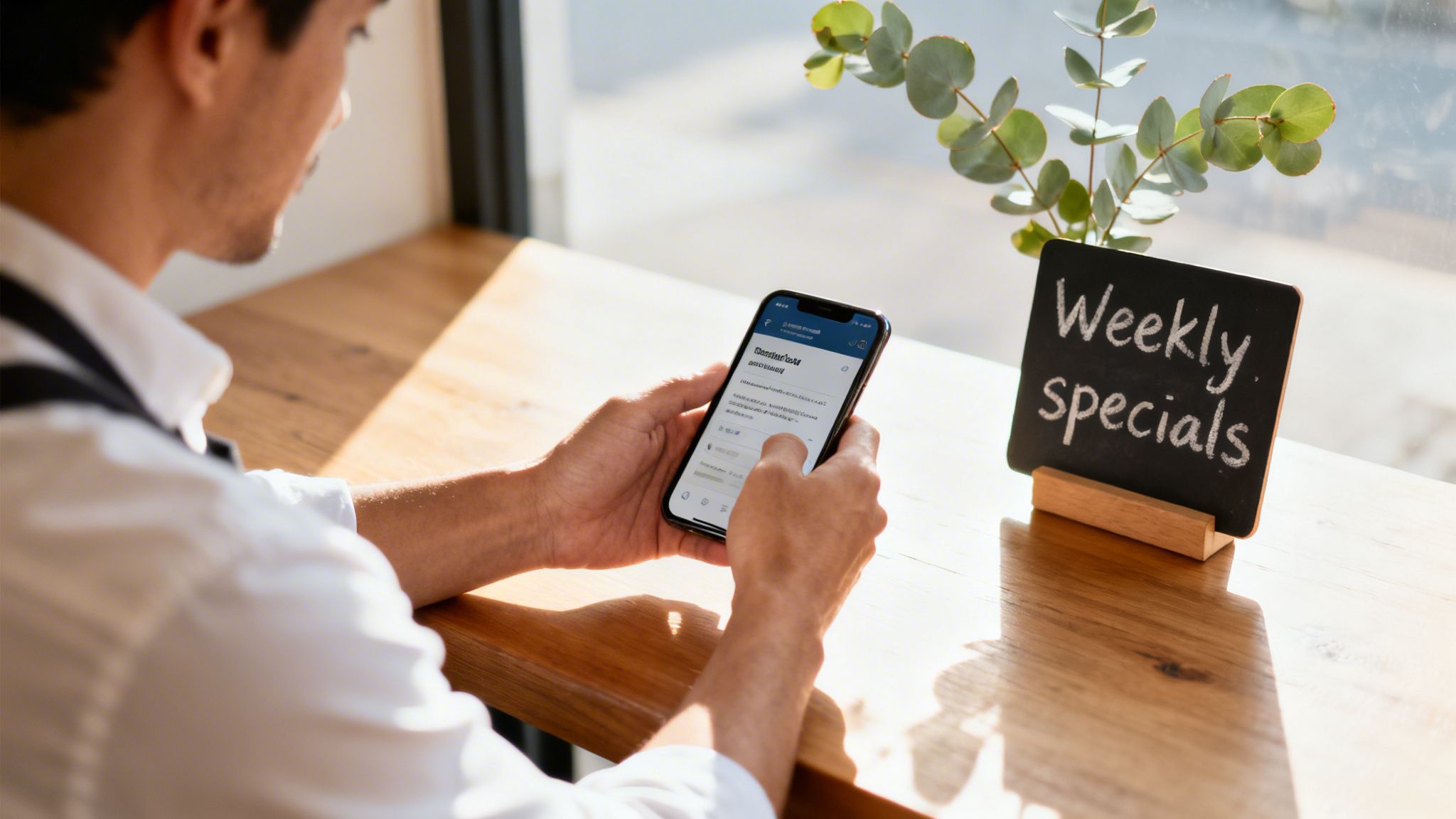 A person uses a smartphone at a wooden table next to a 'Weekly specials' sign.