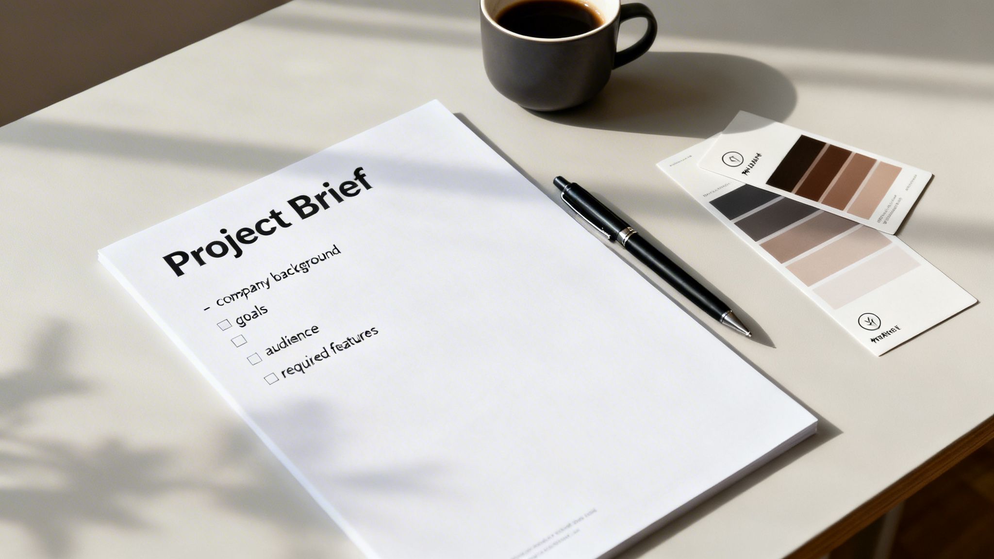 A project brief document, pen, coffee, and color swatches on a modern white desk.