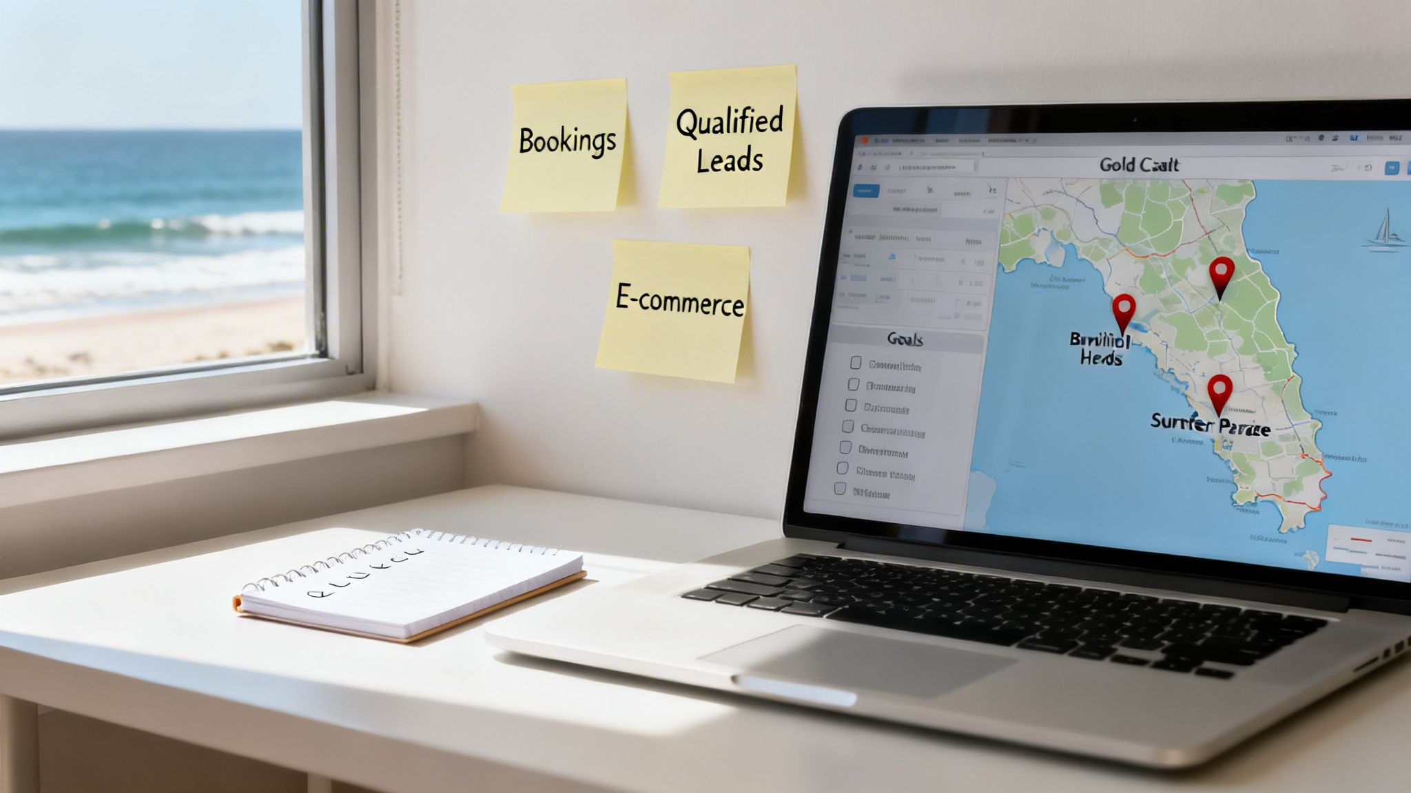 A bright workspace overlooking a beach, featuring a laptop displaying a map and goals, with sticky notes on the wall.