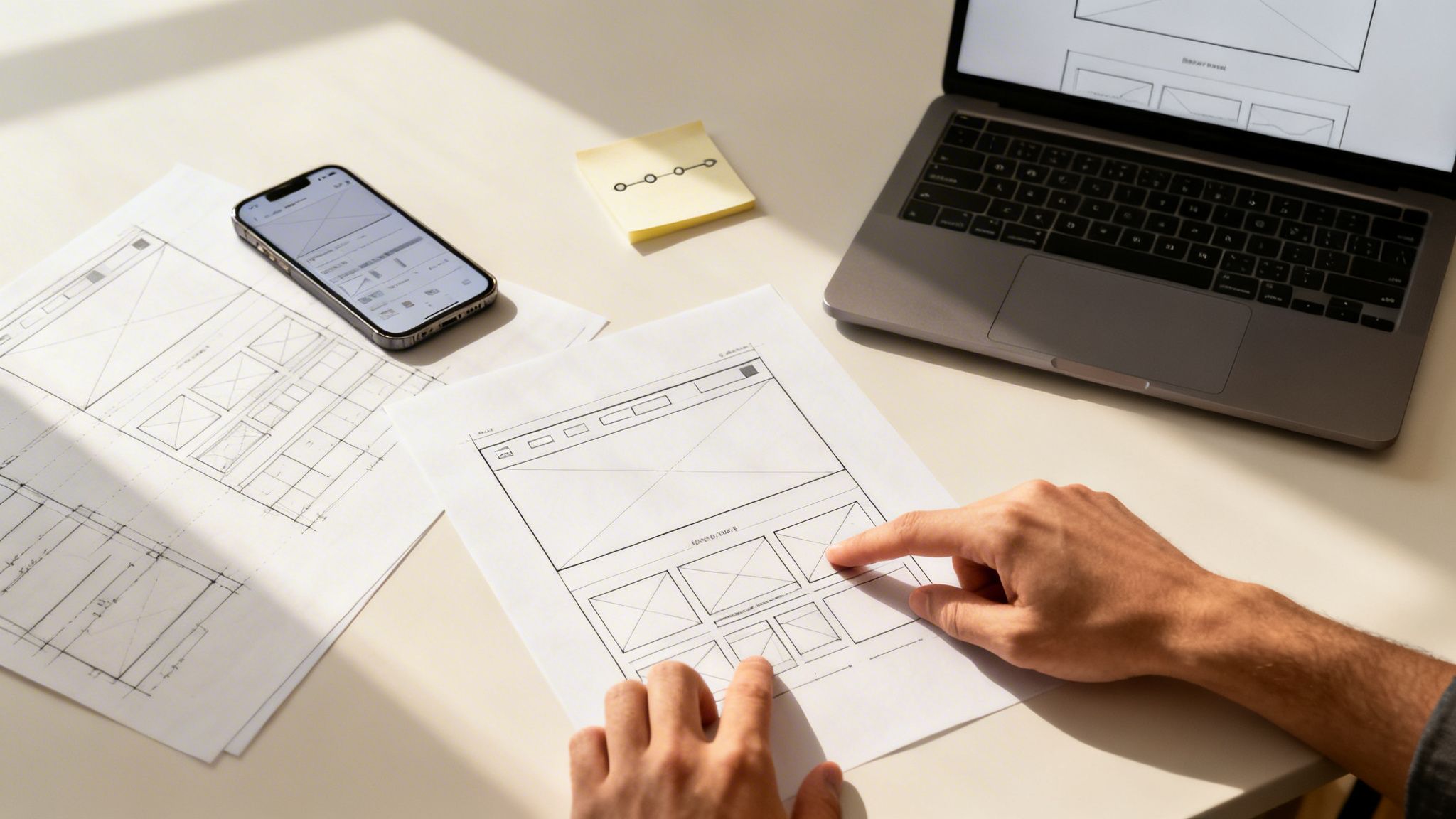 A person's hands analyzing UI/UX wireframes on paper, alongside a laptop and smartphone.