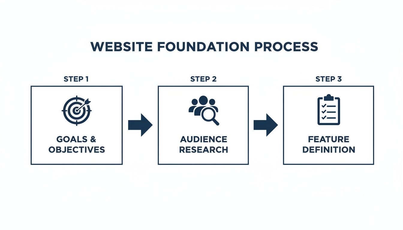 A website foundation process flowchart showing three steps: goals, audience research, and feature definition.