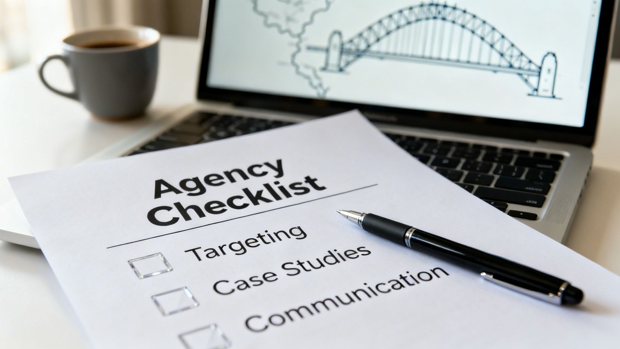 A checklist for an agency, with items like targeting and case studies, next to a laptop showing the Sydney Harbour Bridge.