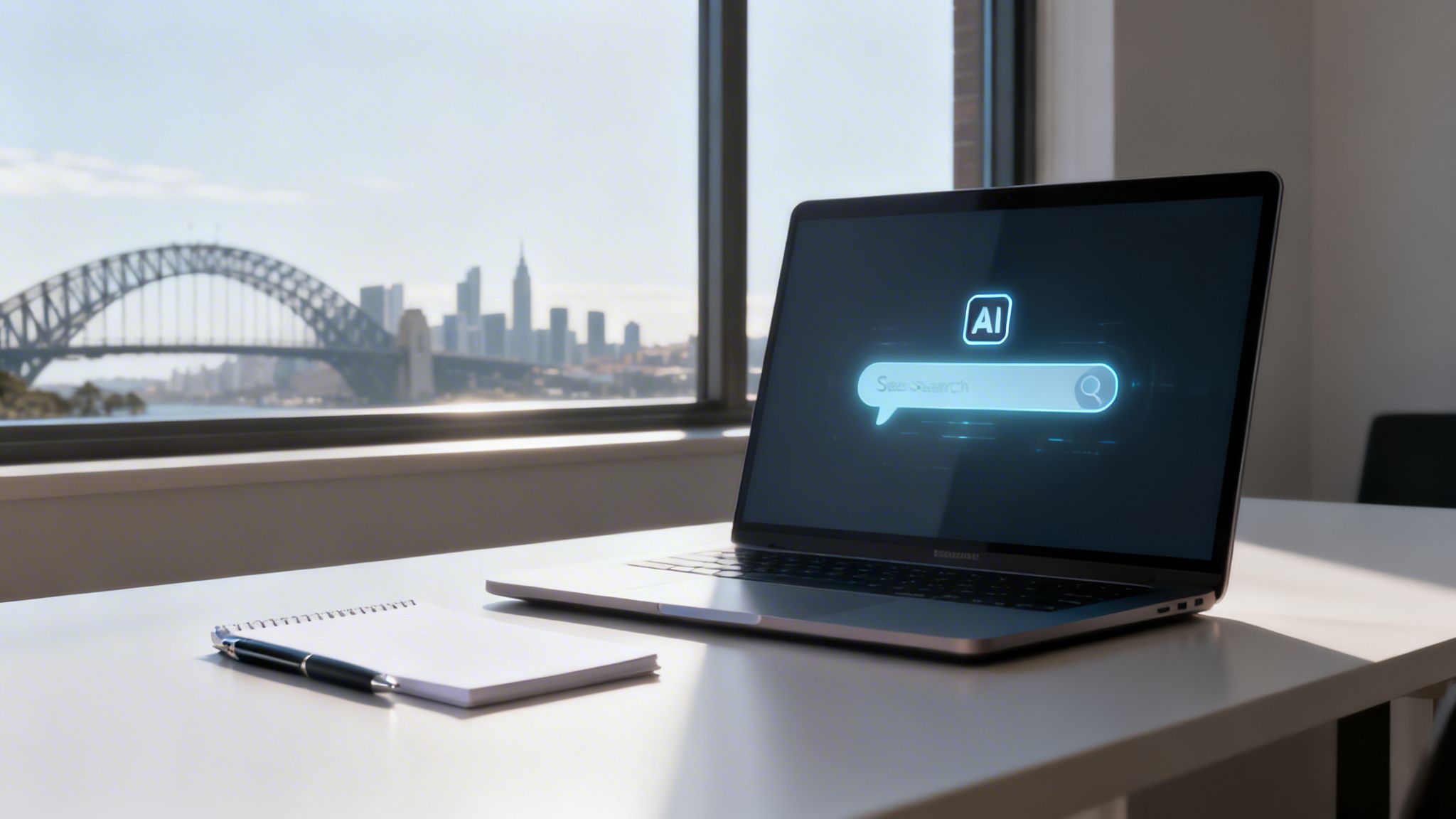 A laptop with an AI search bar on screen, notebook, and pen on a desk overlooking Sydney Harbour.