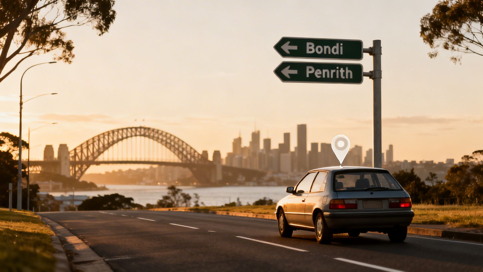 A car on a road with Sydney Harbour Bridge and city skyline at golden hour, with destination signs for Bondi and Penrith.