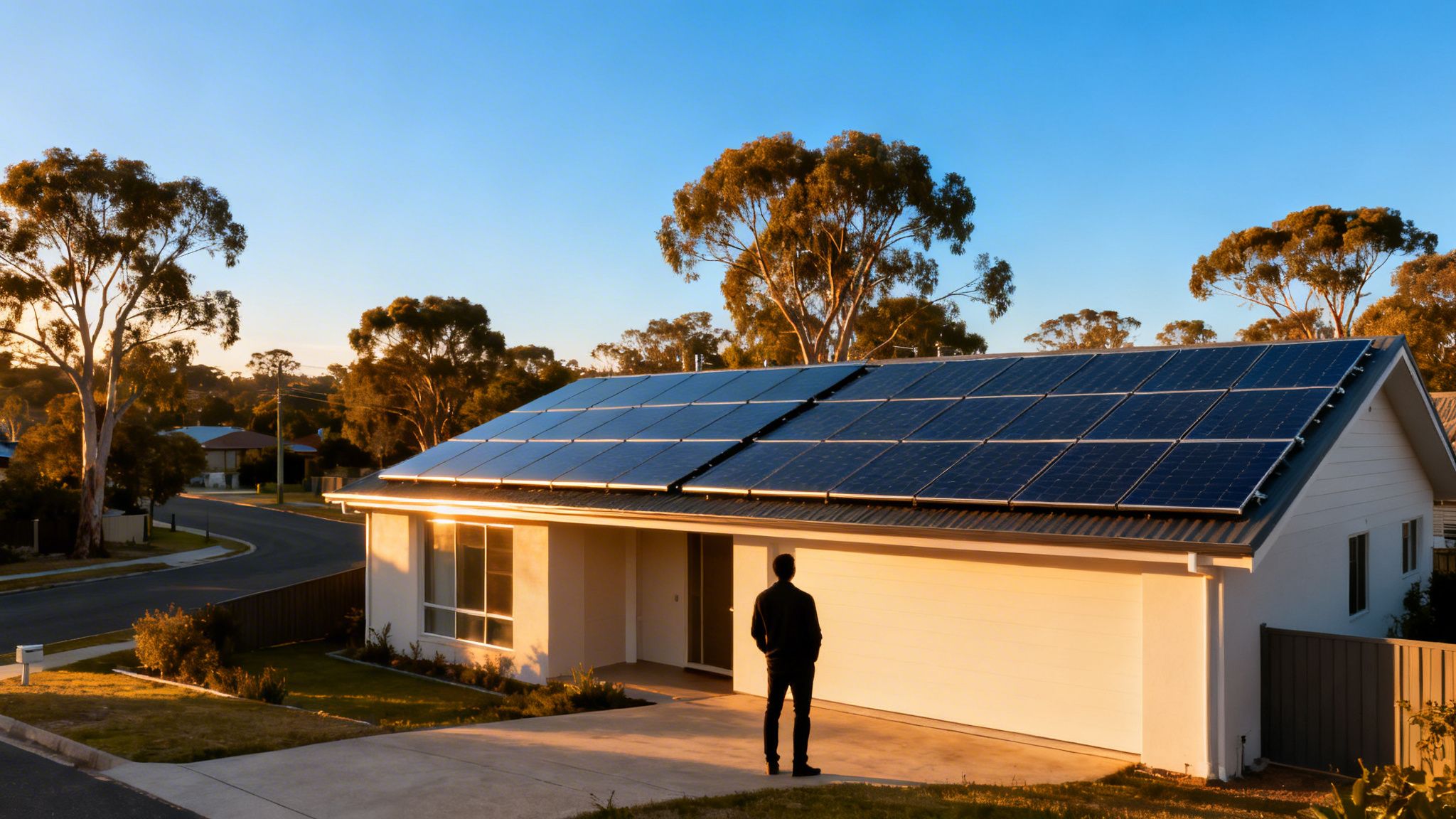 A man stands in front of his modern house with solar panels on the roof, illuminated by warm sunlight.