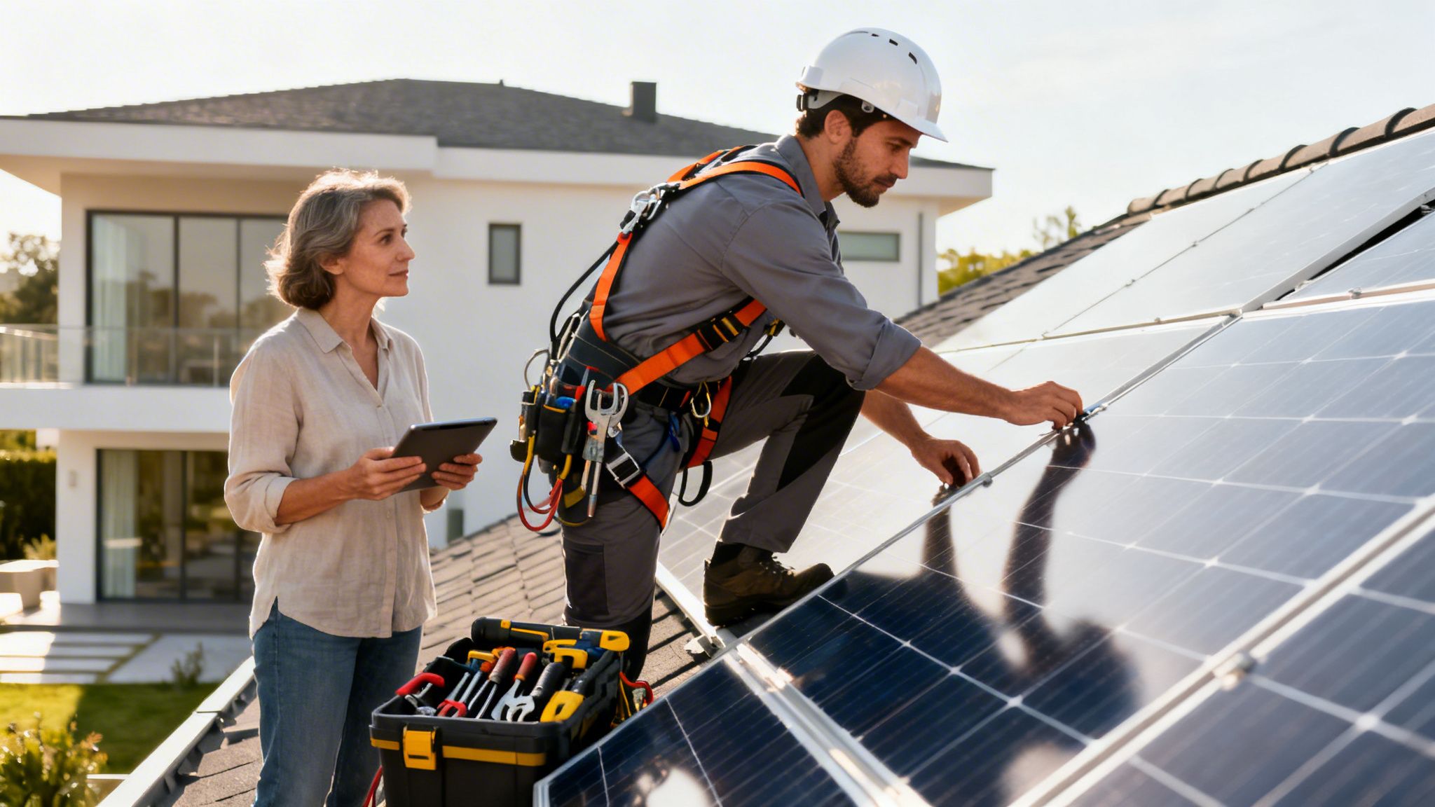 A solar panel technician installs panels on a house roof while a woman reviews on a tablet.