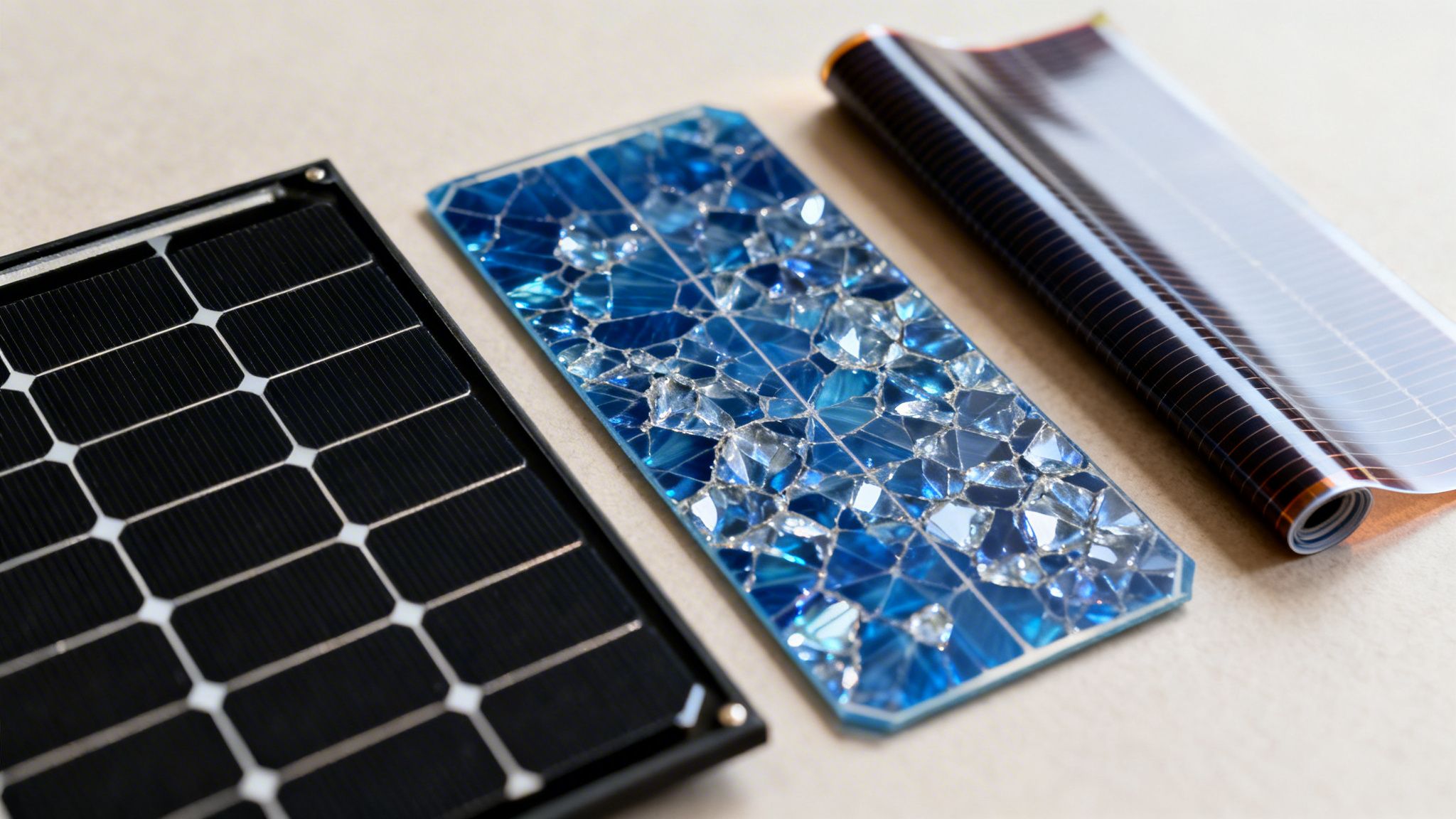 Close-up of three different types of solar panels: rigid, decorative, and flexible.