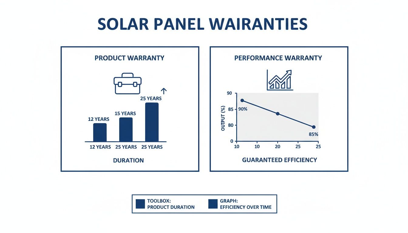 Diagram illustrating solar panel product and performance warranties, showing duration and efficiency over time.