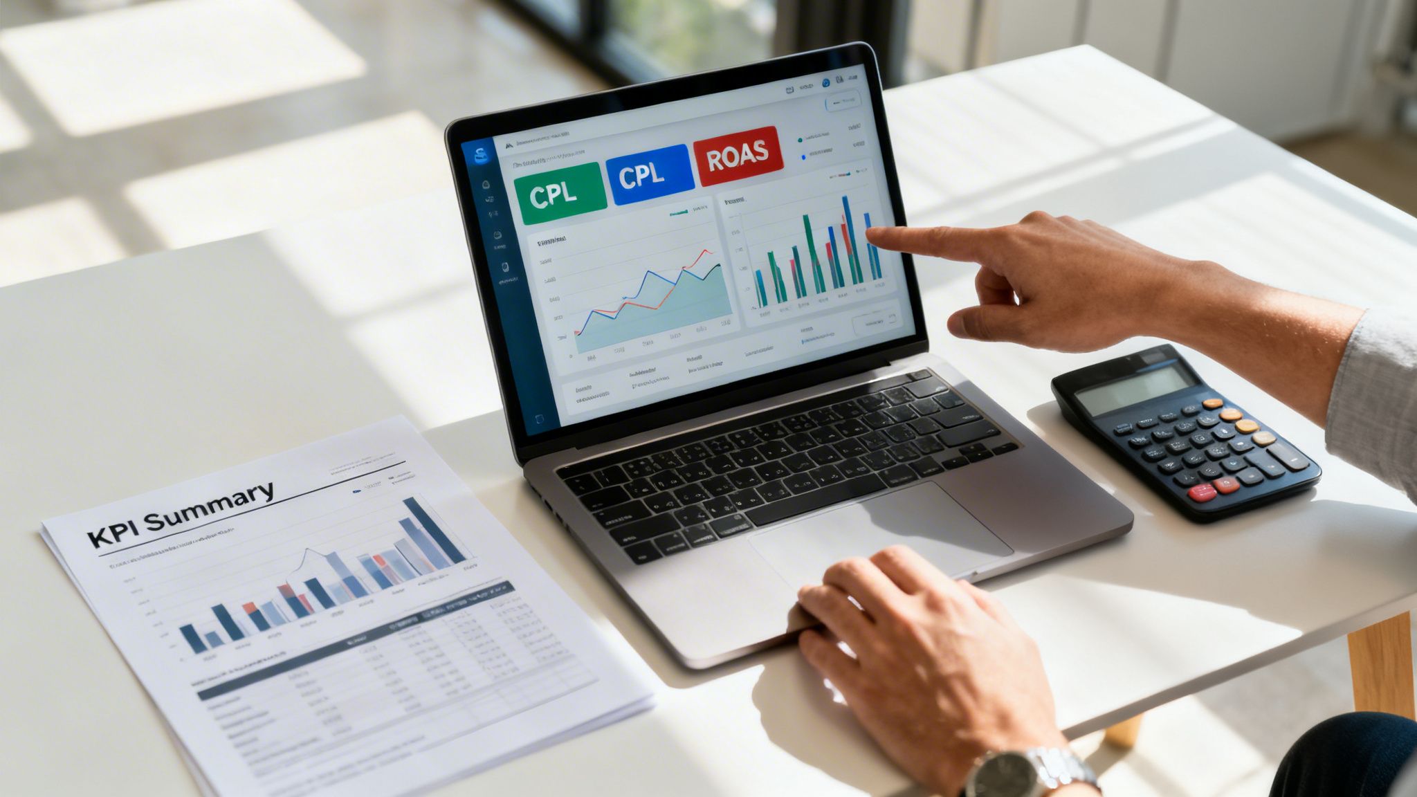 A person reviews marketing KPIs (CPL, ROAS) on a laptop with a summary report and calculator.