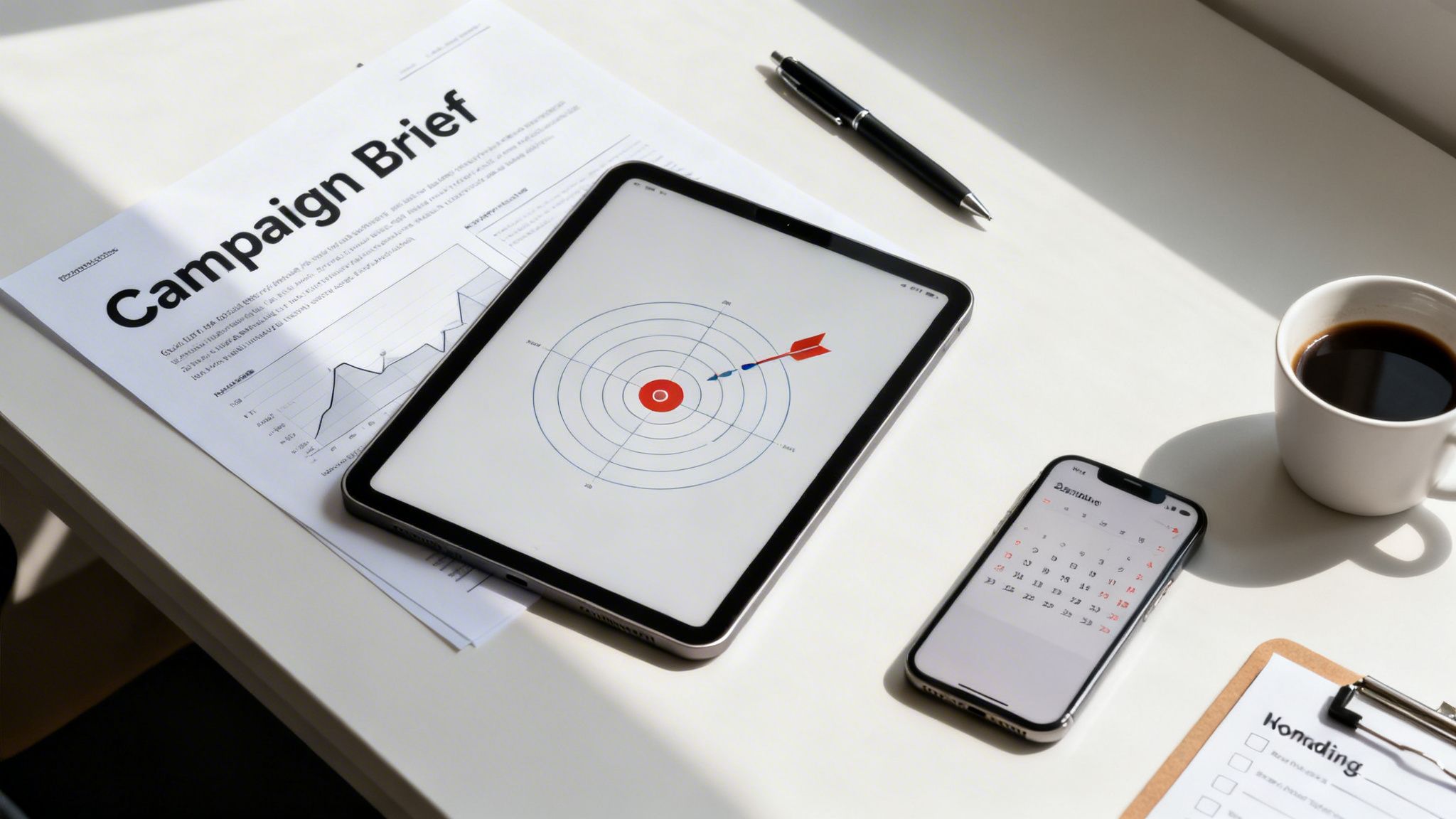 A white desk with a campaign brief, tablet showing a target, smartphone, coffee mug, and pen.