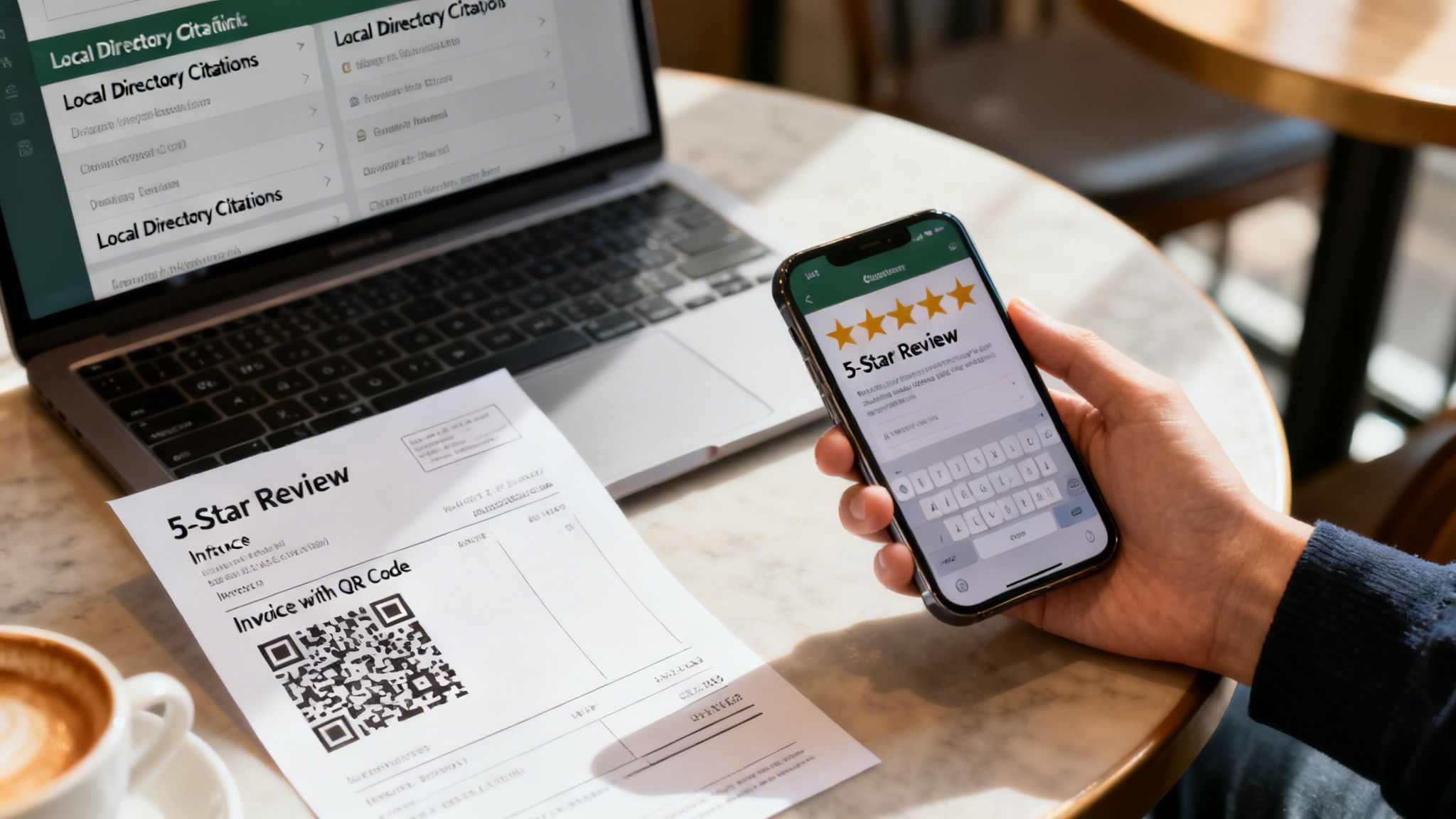 A person holds a smartphone showing a 5-star review screen next to a laptop displaying local directory citations and a paper invoice.