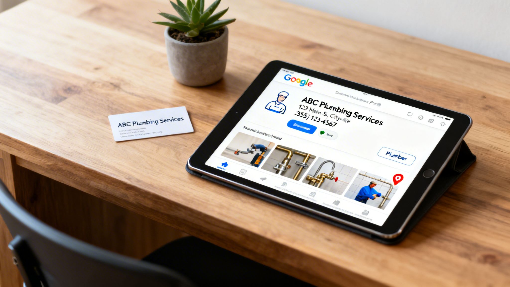 A tablet showing a Google business profile for ABC Plumbing Services and a business card on a wooden desk.