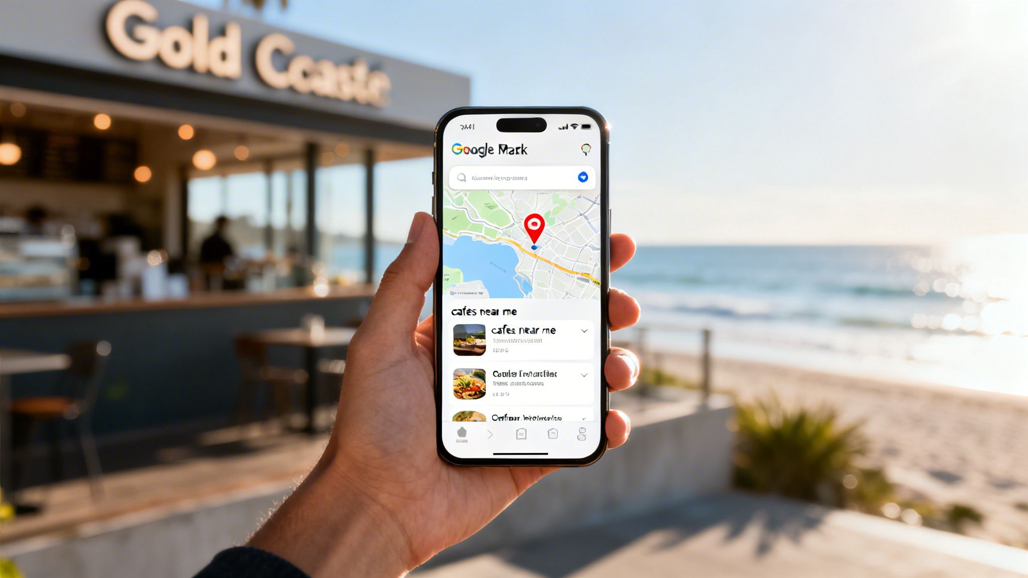 Hand holding a smartphone displaying a map app with local cafes near a beachside Gold Coaste cafe.