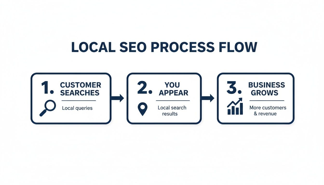 A three-step diagram illustrates the local SEO process: customer searches, appearing in local results, and business growth.