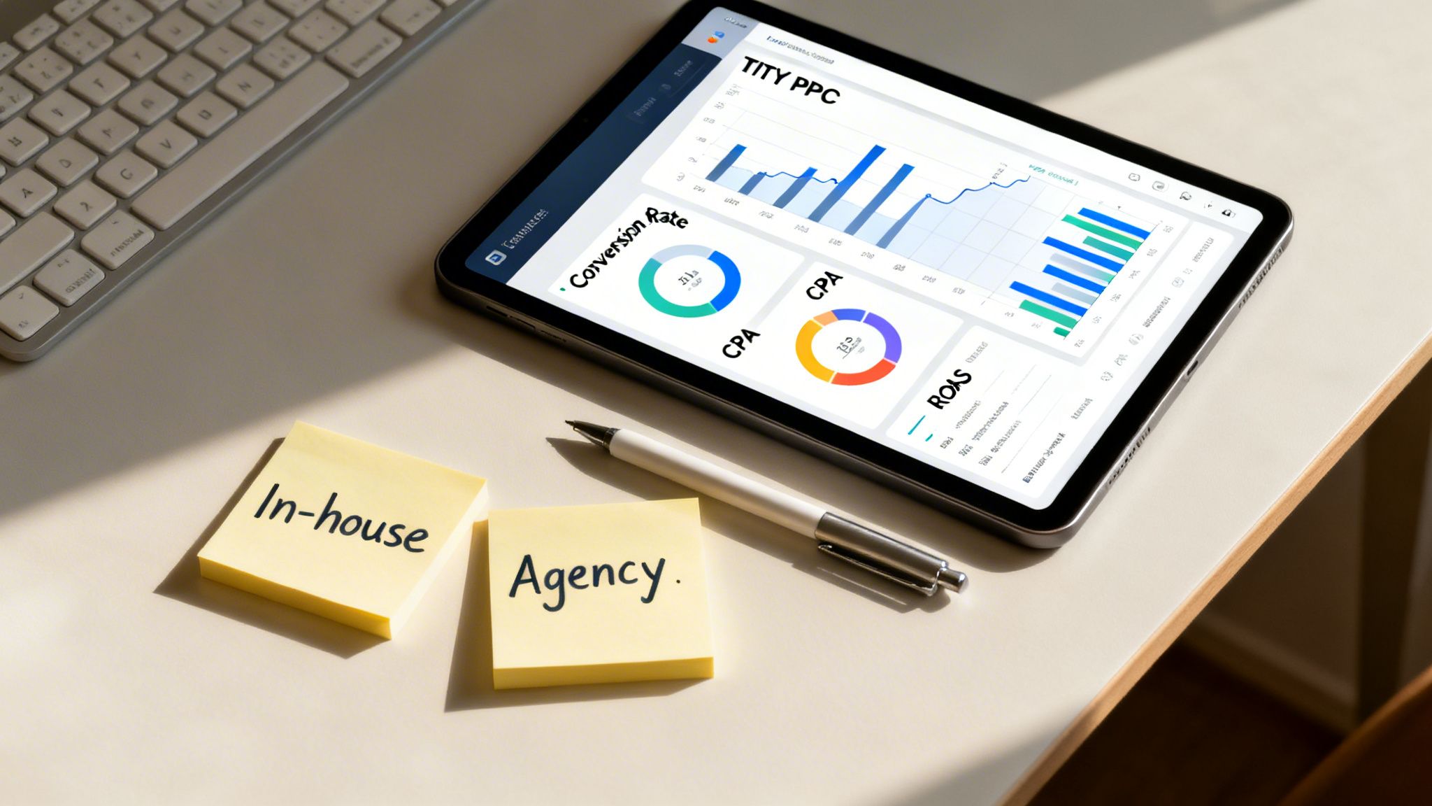 Tablet displaying a PPC advertising dashboard with performance metrics next to 'In-house' and 'Agency' notes.
