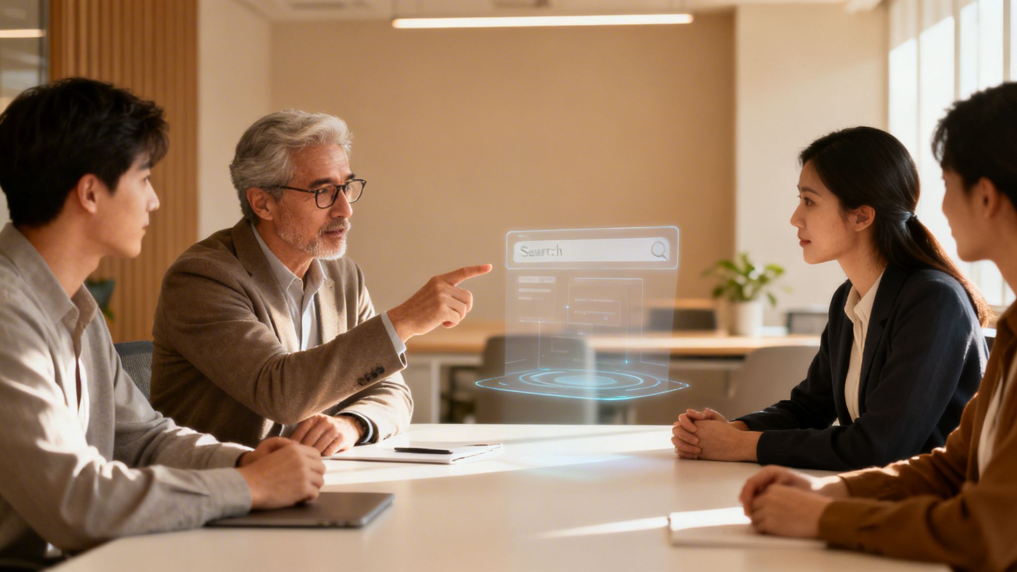 Four professionals collaborate in an office, an older man pointing at a holographic search interface.