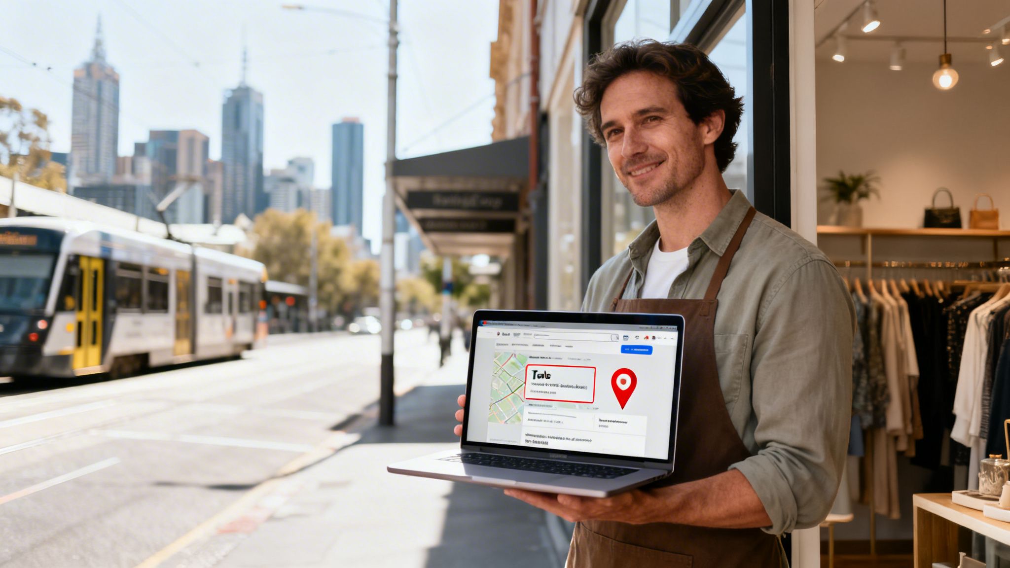 Smiling man holding a laptop displaying a map application, standing outside a store in Melbourne.