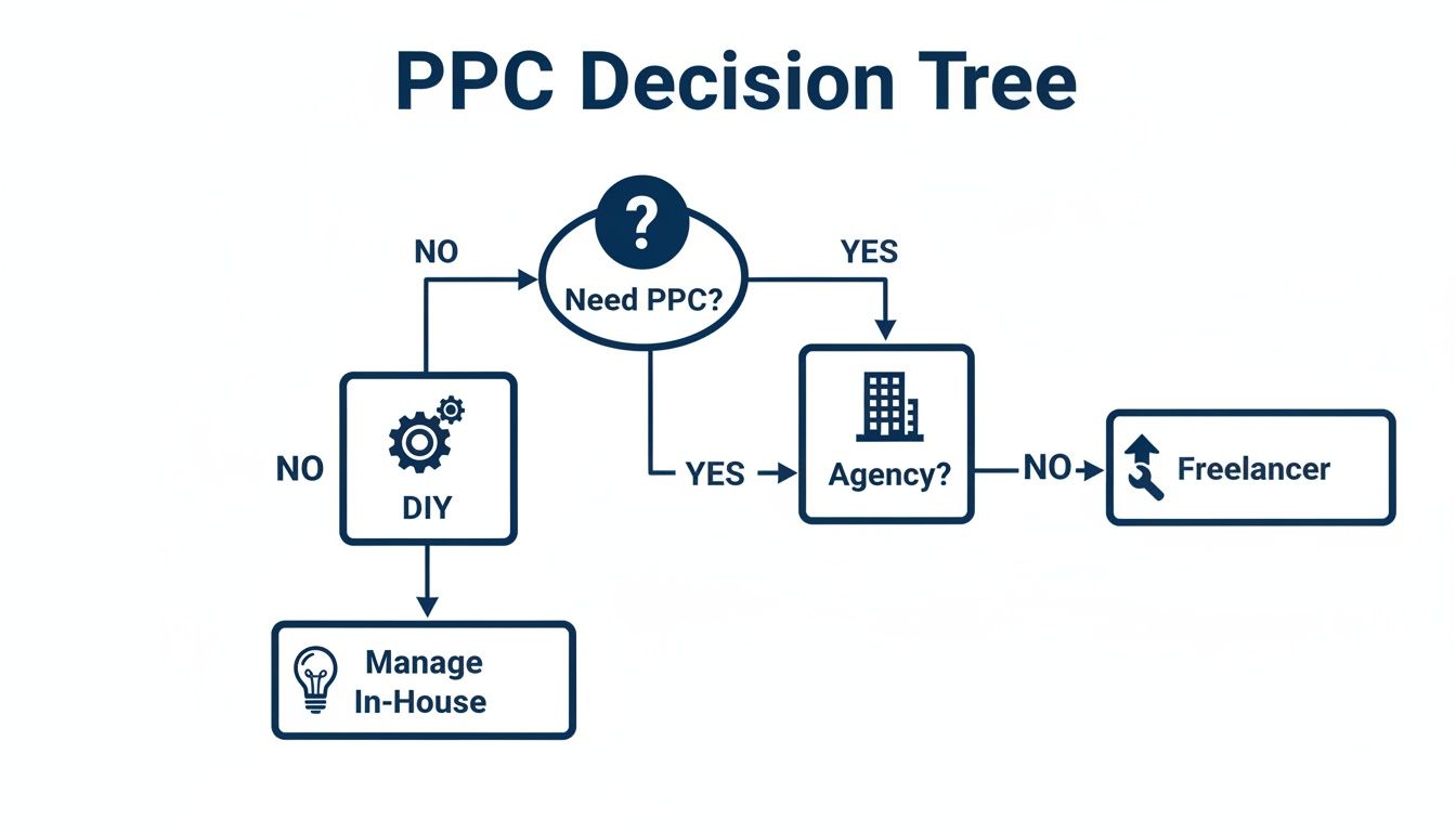 A flowchart outlining decision options for PPC campaign management, including DIY, agency, or freelancer.