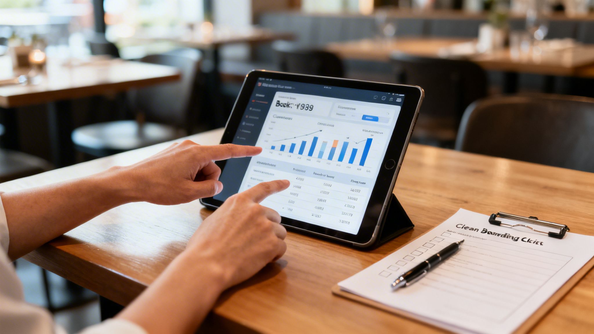 Hands interact with a tablet displaying business analytics and charts, alongside a checklist on a wooden table.