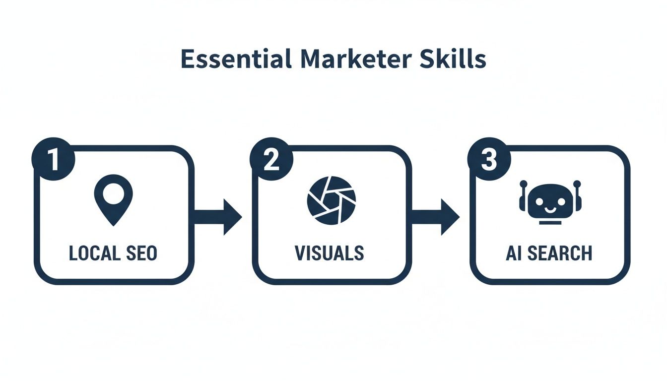 Diagram illustrating essential marketer skills: Local SEO, Visuals, and AI Search, shown as a three-step process.