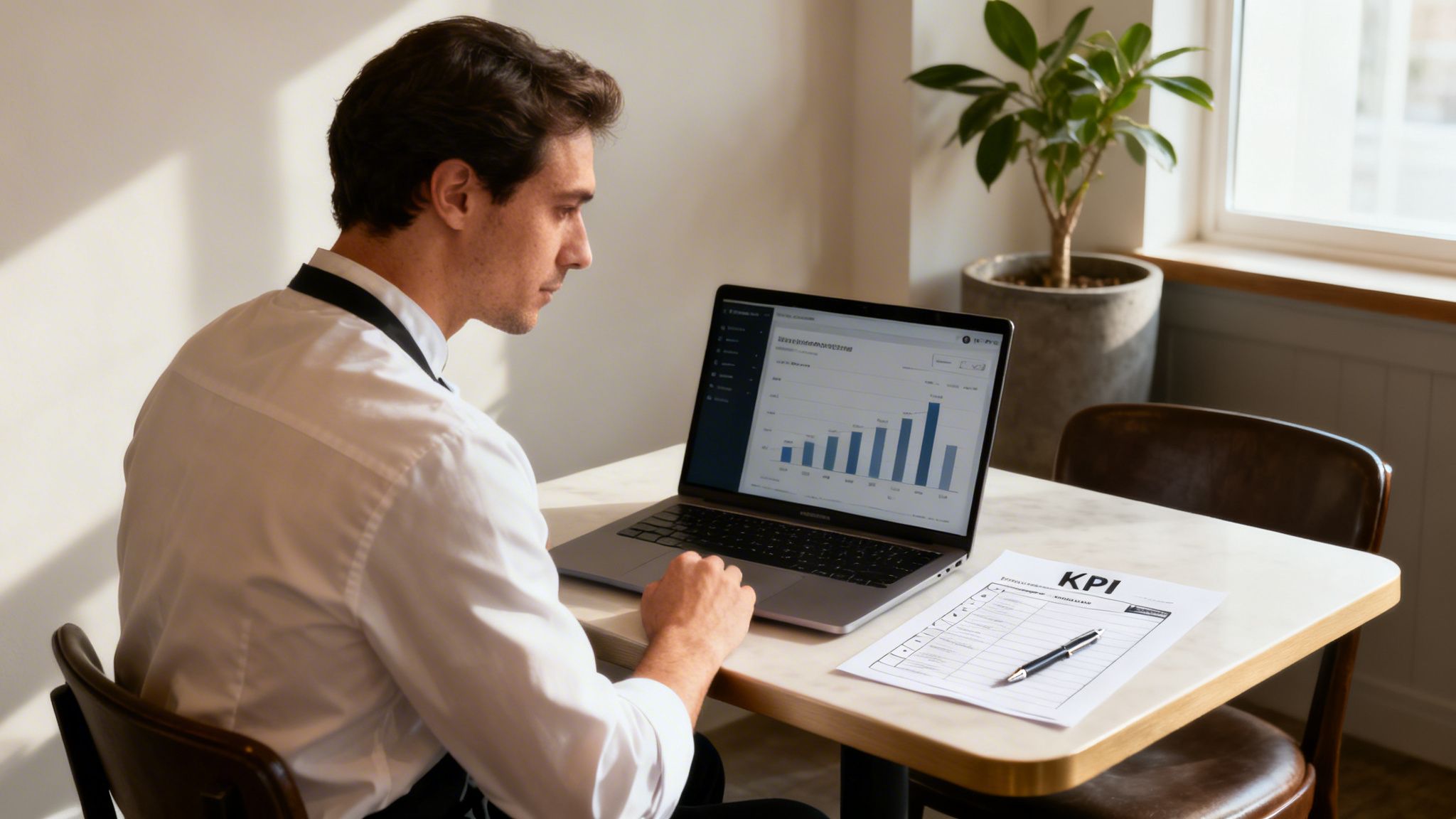 Restaurant manager reviewing sales data on a laptop and KPI document on a marble table.