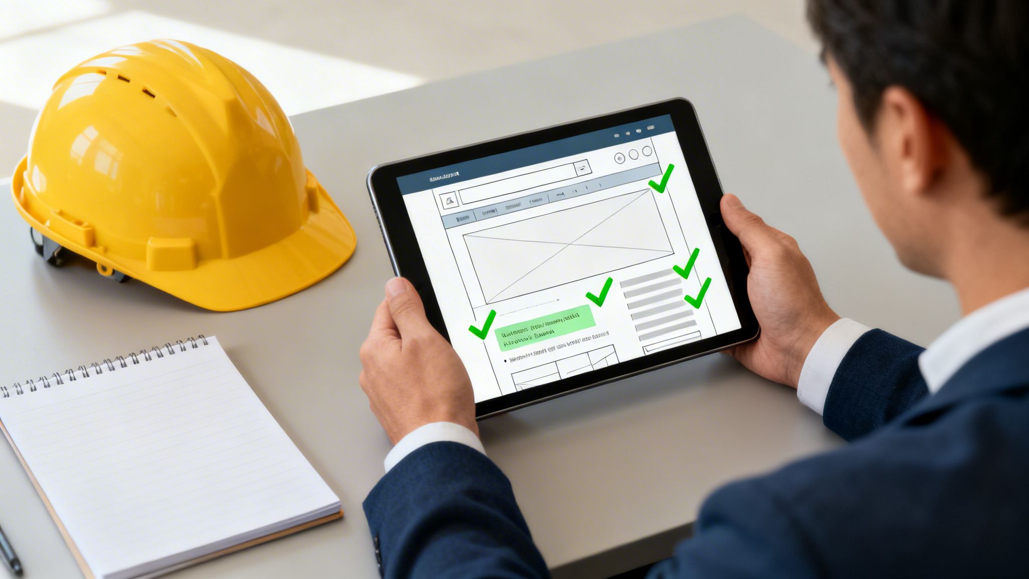 Engineer reviews digital construction plans on a tablet, with a yellow hard hat and notebook.