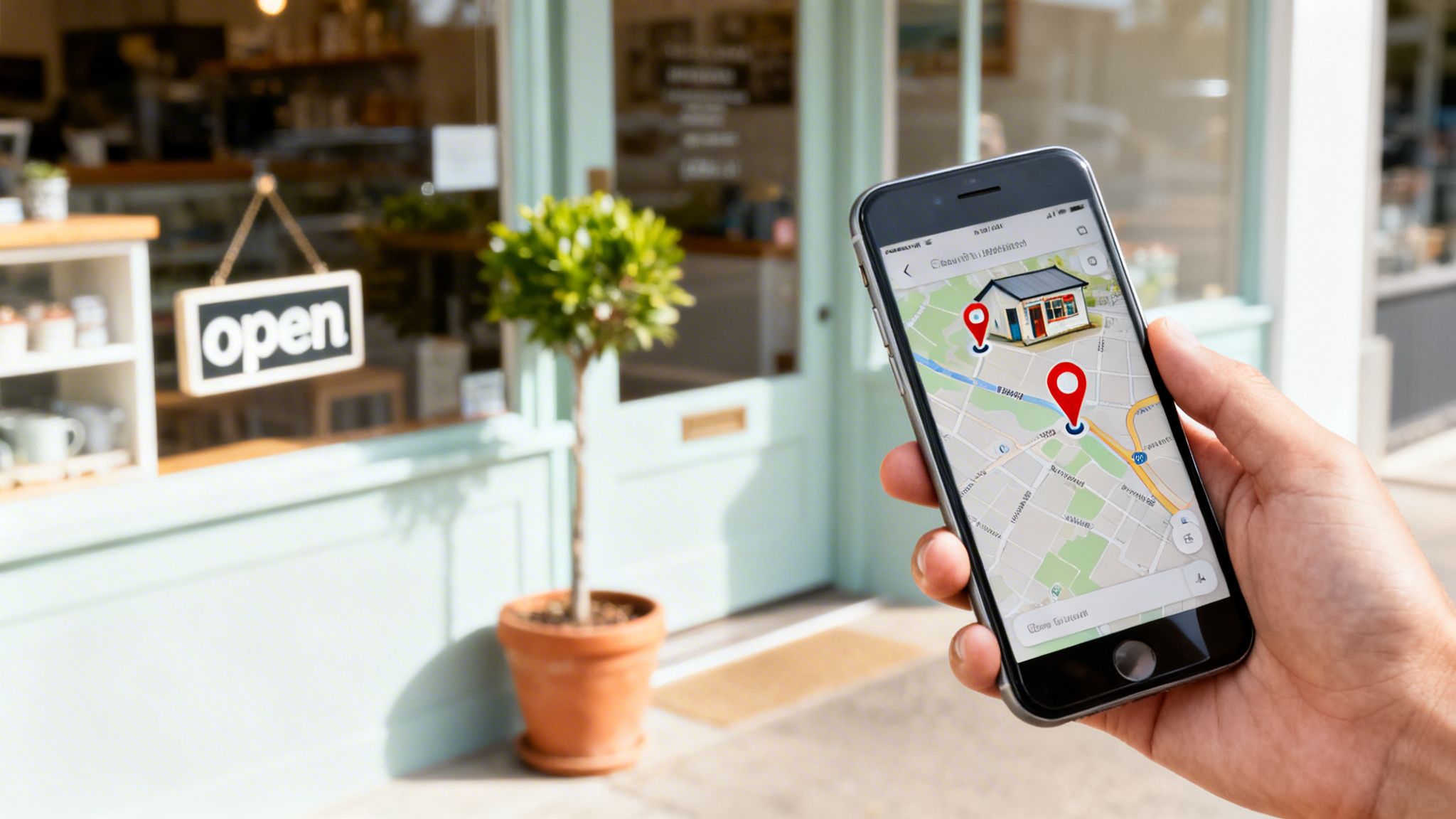 A person's hand holds a smartphone showing a map app with a house and location pins, in front of a store with an 'open' sign.