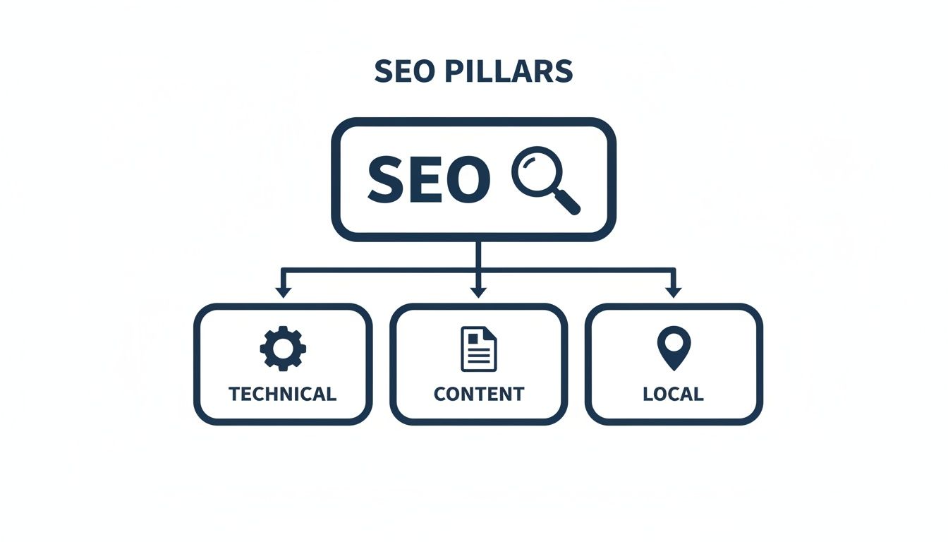 A diagram illustrating the three main pillars of SEO: technical, content, and local.