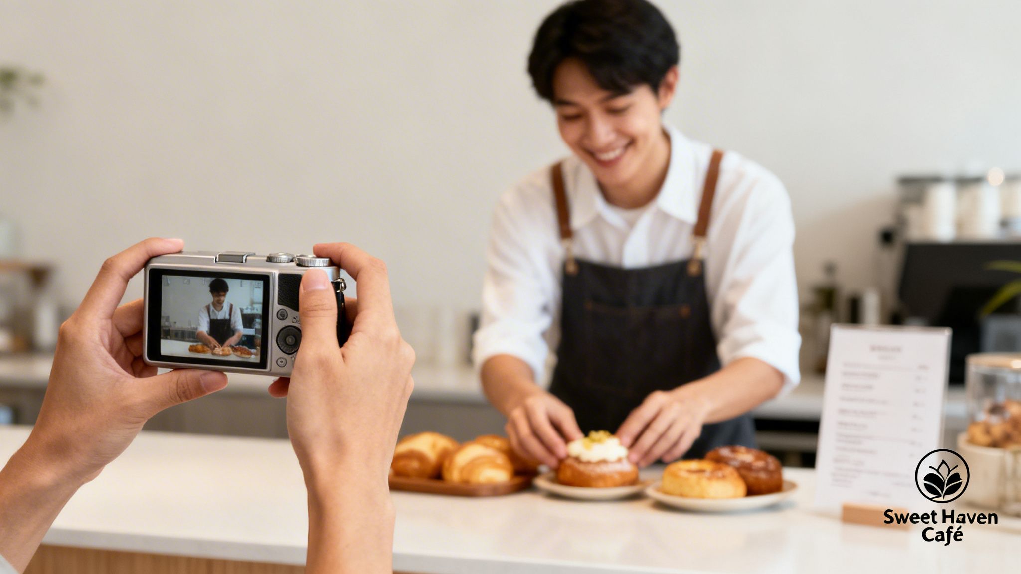 Hands holding a camera, capturing a smiling barista arranging fresh pastries at Sweet Haven Café.