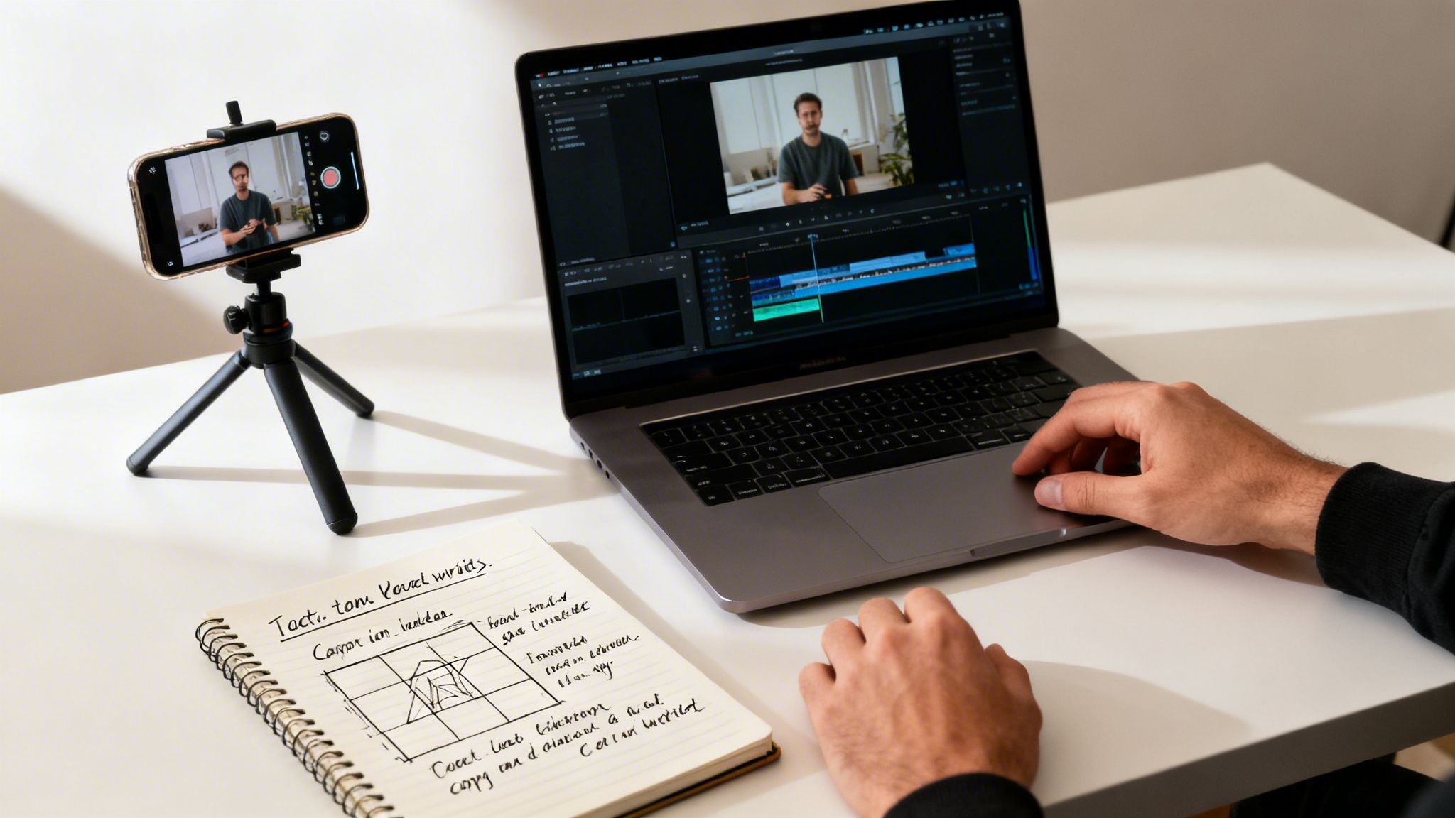 Hands on a laptop editing video, a phone on a tripod recording, and a notebook on a desk.
