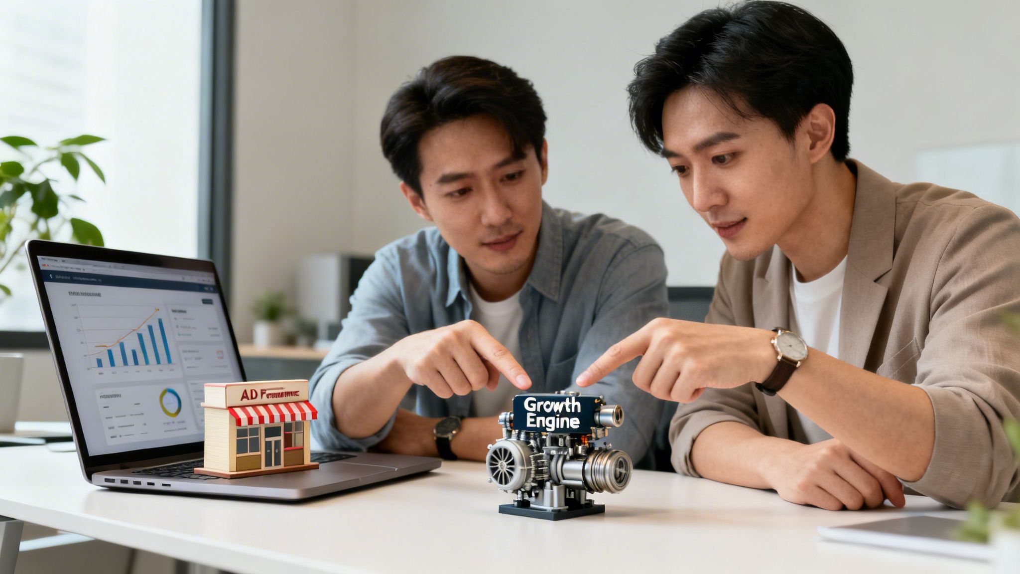 Two men discuss marketing strategy, pointing at a 'Growth Engine' model and an 'AD Dynamic' store.