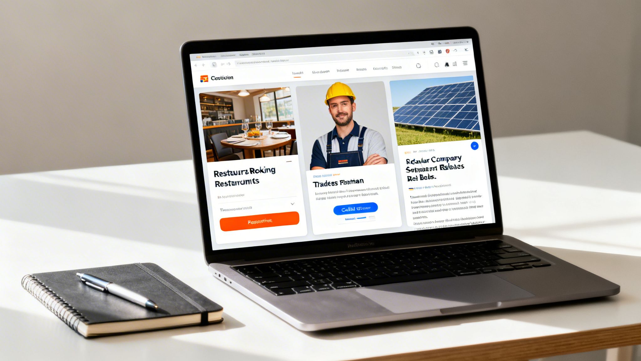 A laptop displaying a website with restaurant, tradesman, and solar panel content, beside a notebook.