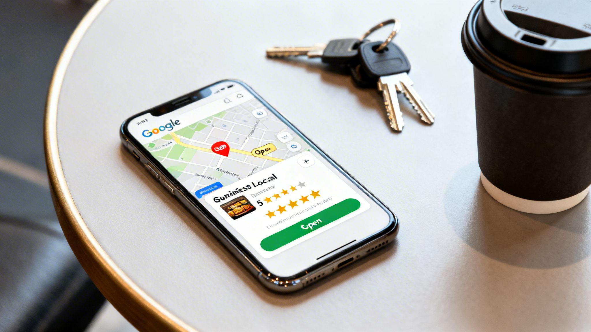A smartphone displays Google Maps with a local business, keys, and a coffee cup on a light table.