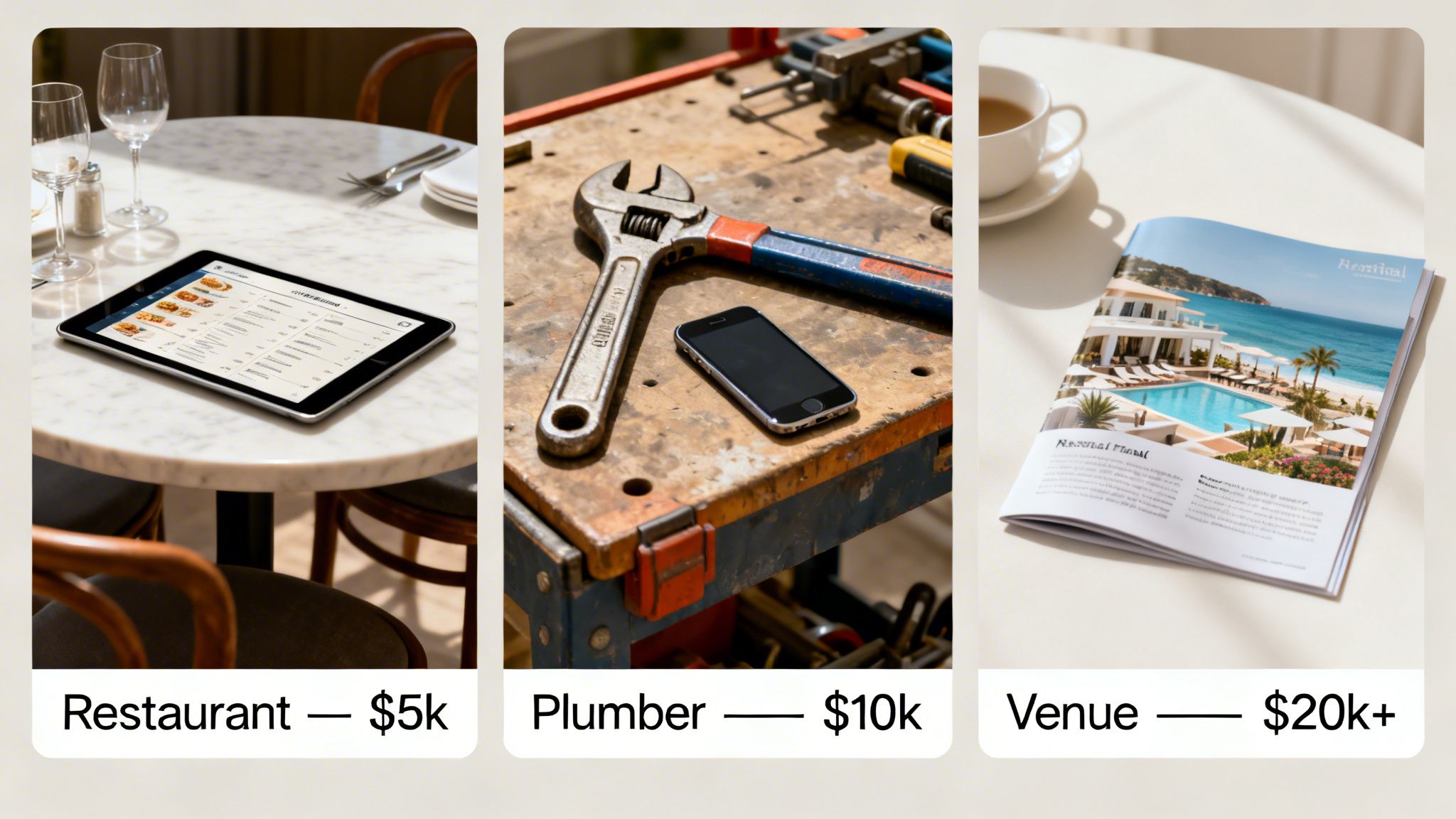 Three panels illustrate different business types: a restaurant with a tablet menu, plumber's tools, and a resort magazine, with associated costs.