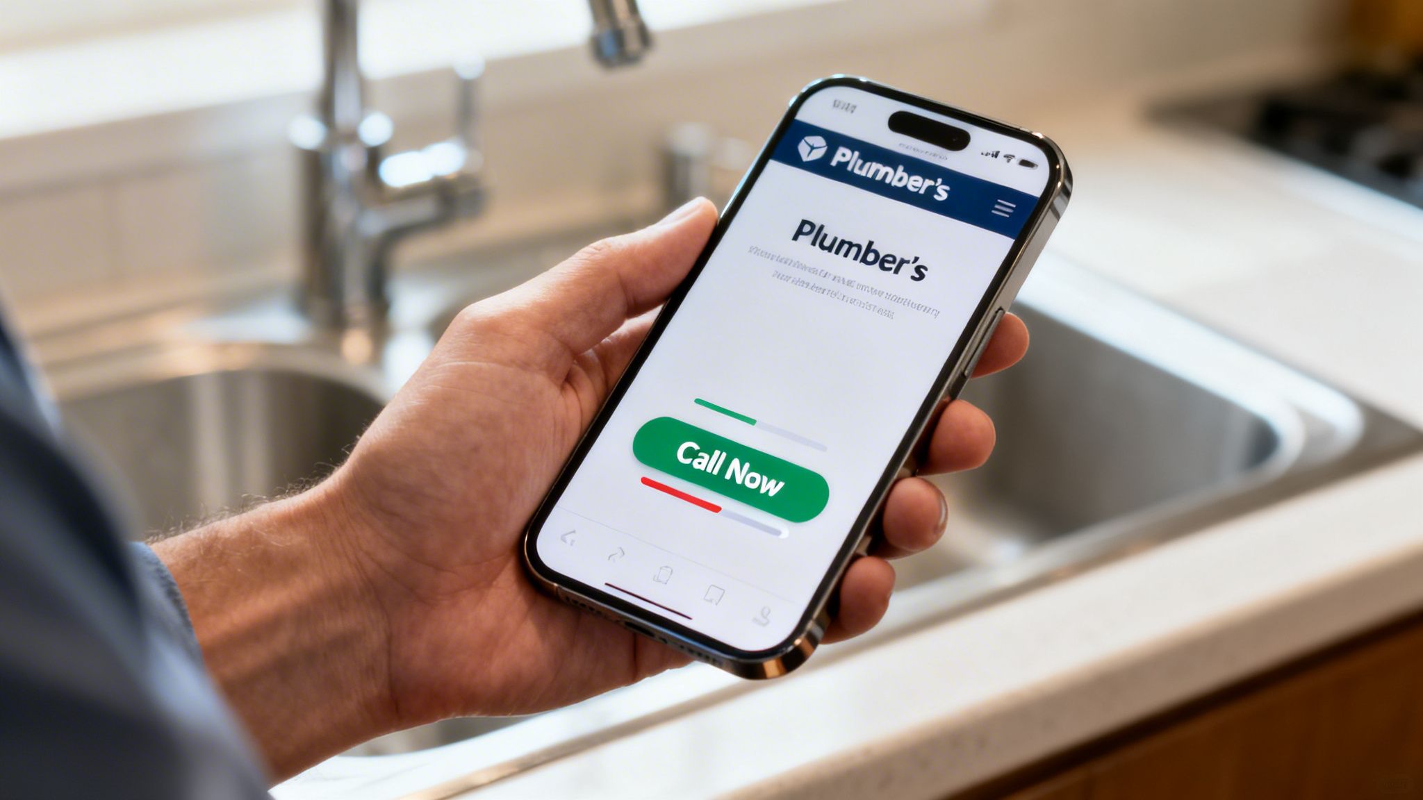 A person holds a smartphone showing a plumber's website with a 'Call Now' button in a kitchen.