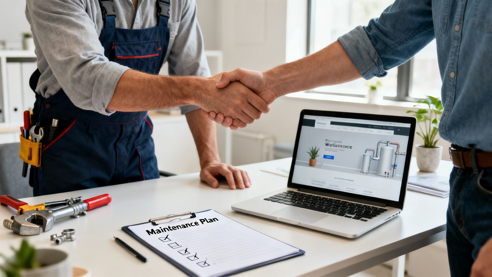 Plumber and client shake hands over a desk with tools, a maintenance plan, and a website.