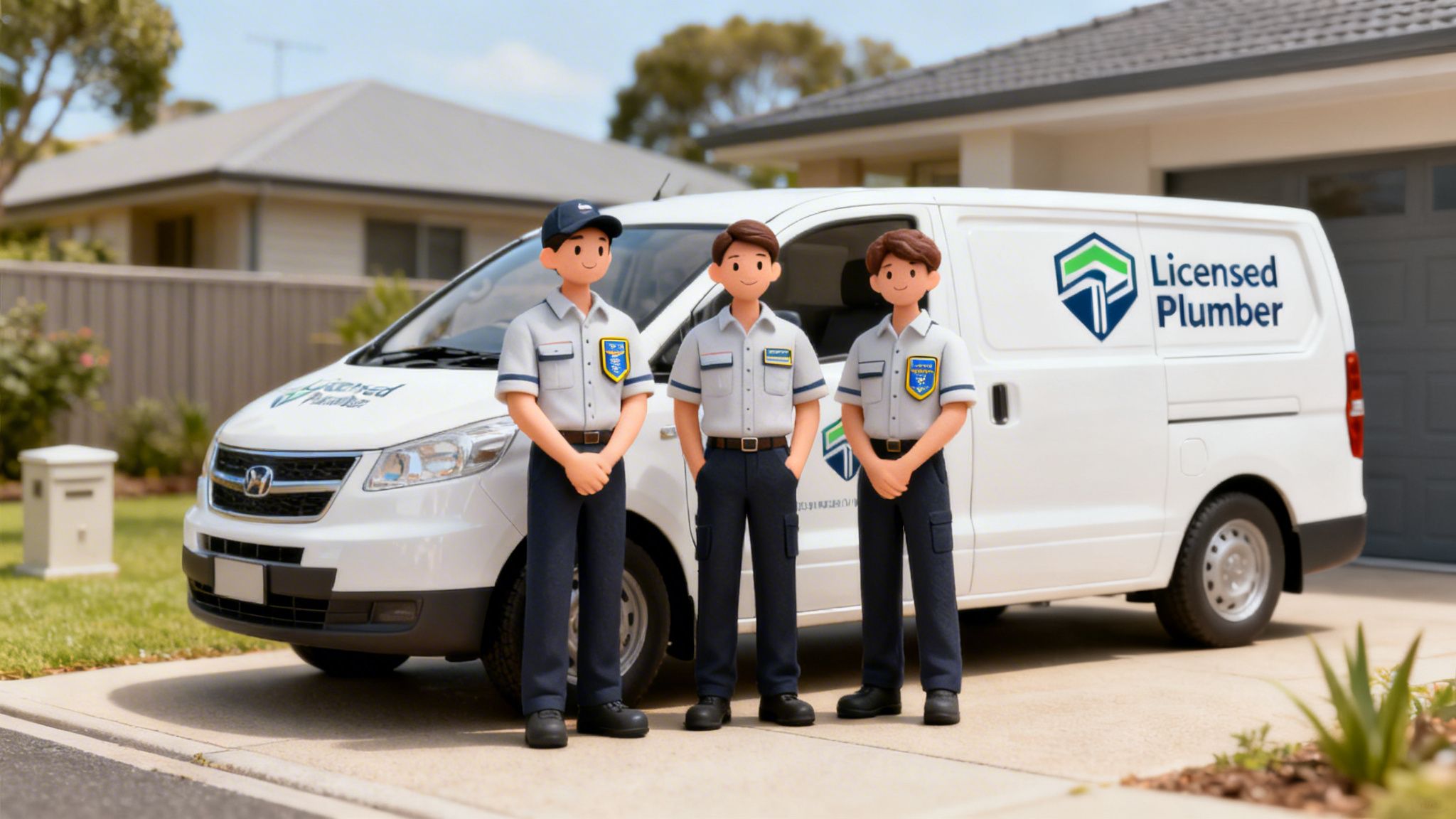Animated plumbers pose with their white service van featuring the "Licensed Plumber" logo in a suburban setting.