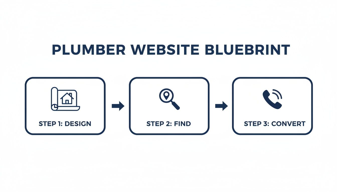 A three-step blueprint for a plumber's website, showing design, find, and convert processes.