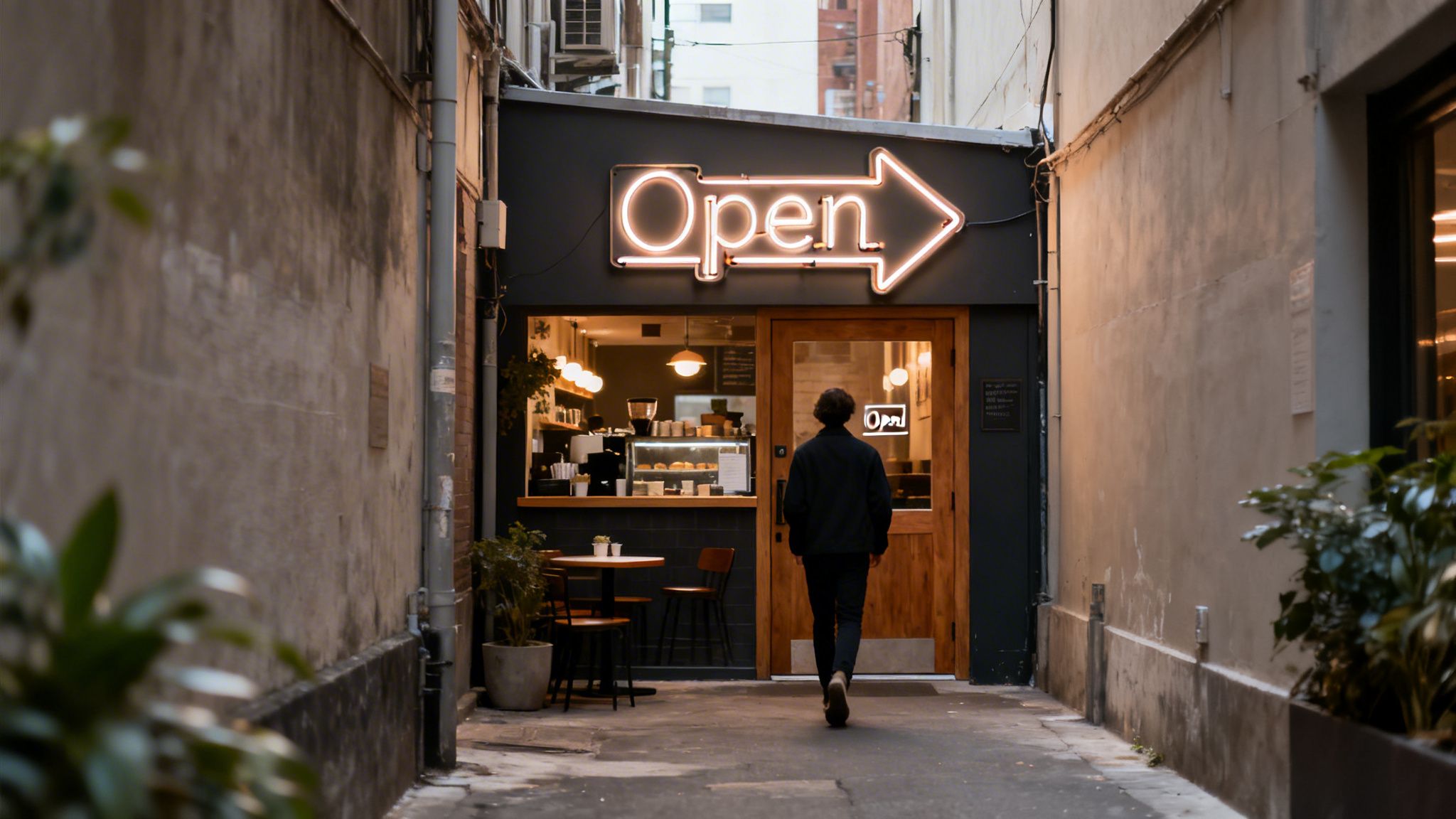 A person walking into a cozy cafe in a narrow alley, marked by a bright 'Open' neon sign.
