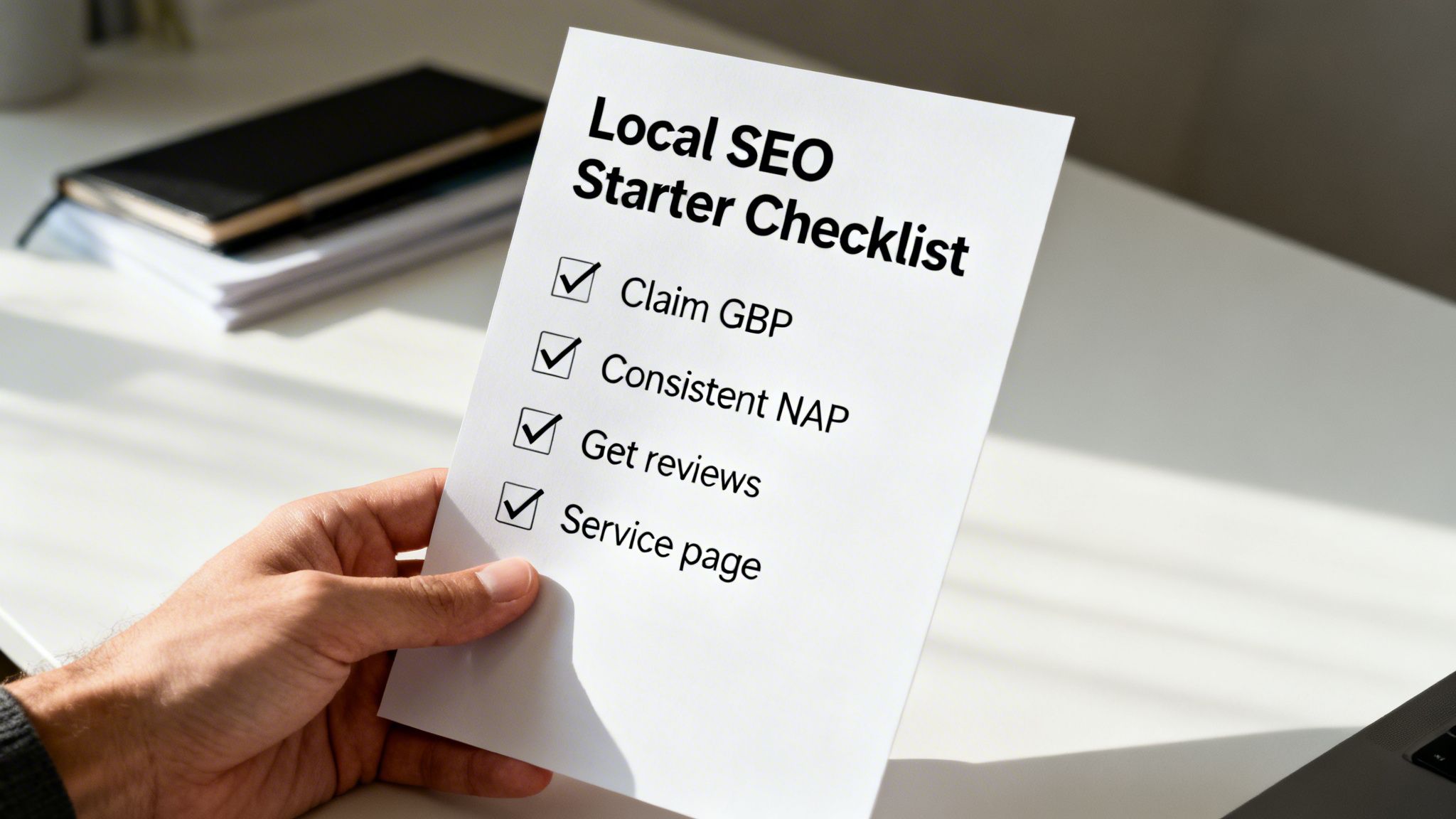 A hand holds a 'Local SEO Starter Checklist' with items like Claim GBP and Get reviews checked.