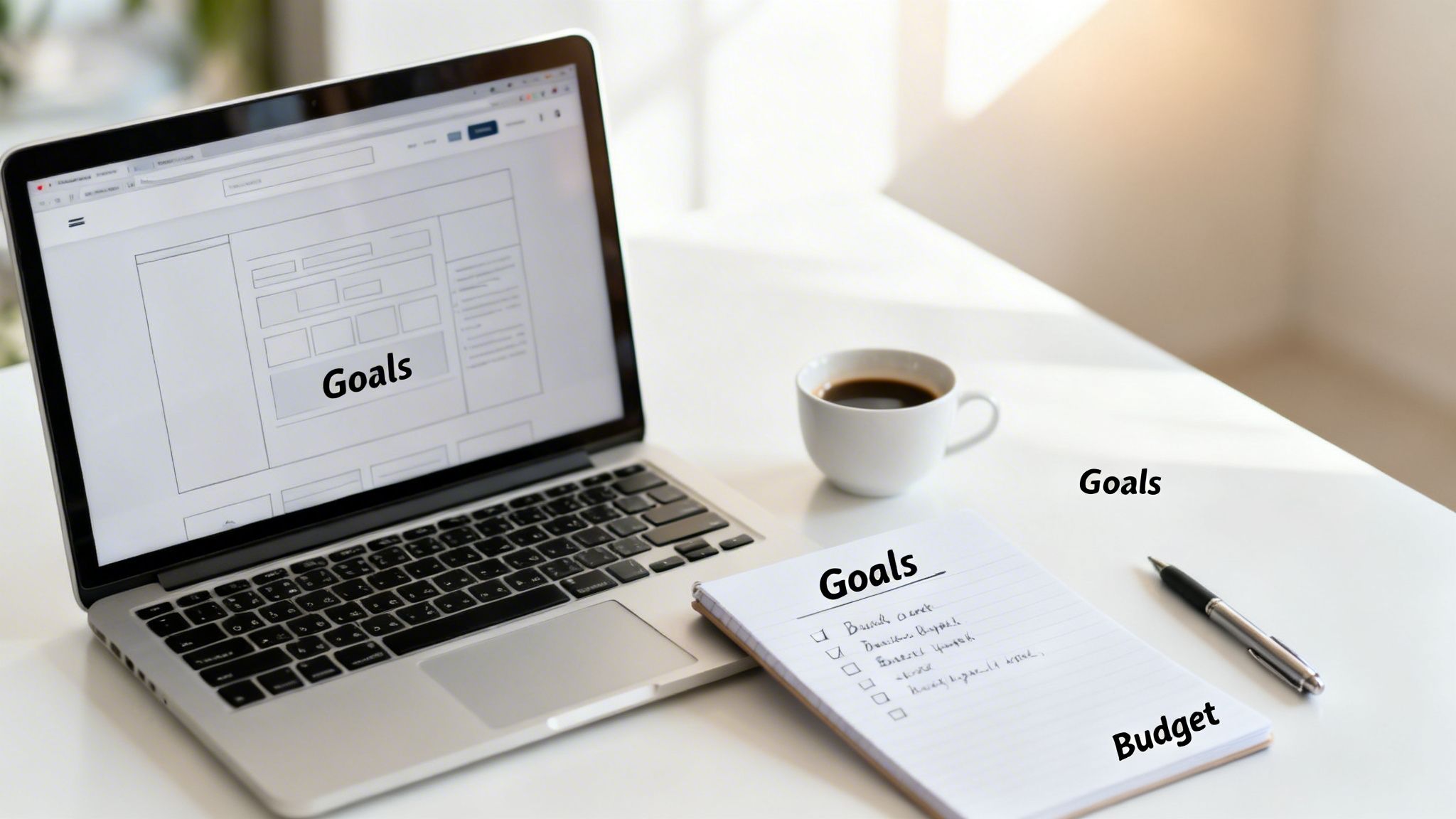 A desk with a laptop displaying 'Goals' wireframes, a coffee, a notebook with a 'Goals' checklist, and a pen.
