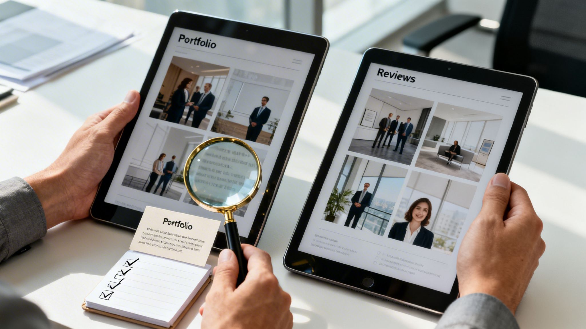 Hands holding two tablets displaying business portfolios and reviews, with a magnifying glass and a checklist notebook.