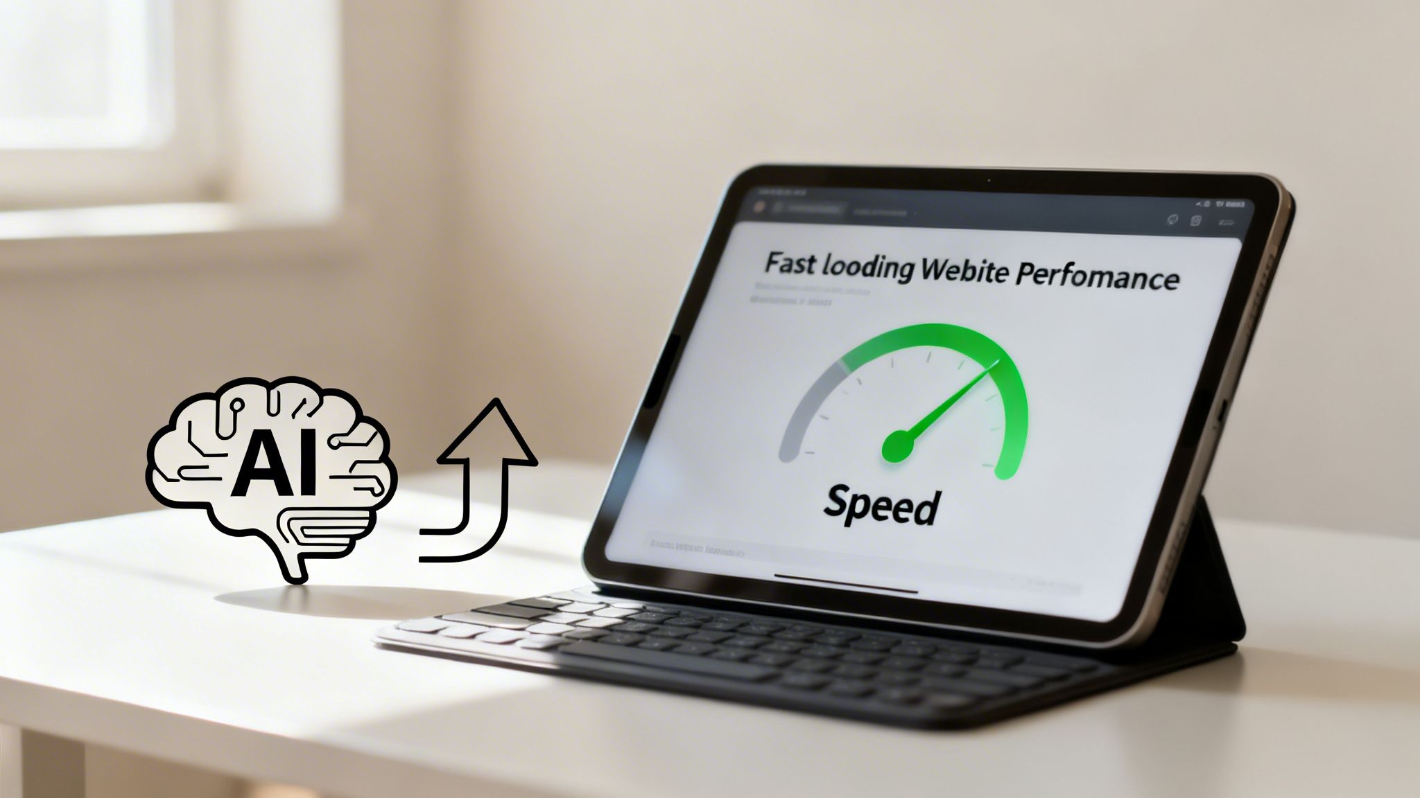 AI brain icon with an arrow pointing to a tablet displaying a fast website speed gauge.