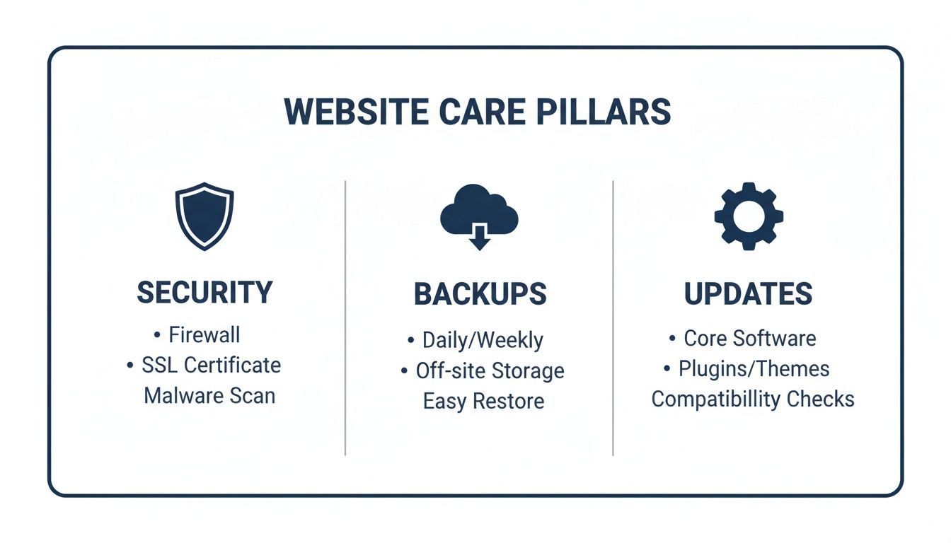 Infographic showing website care pillars: security, backups, and updates, with their respective features.