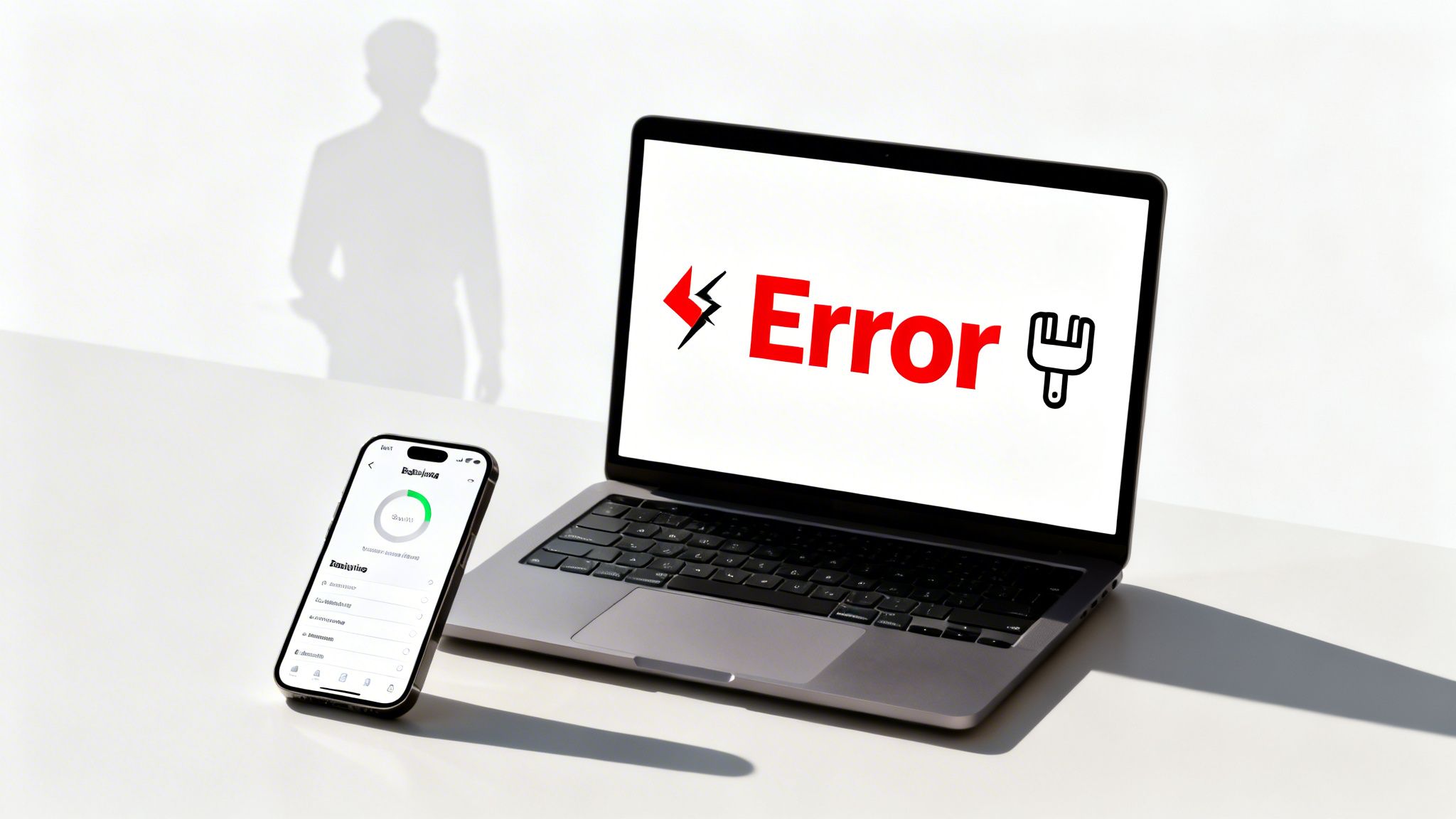 Laptop displaying a red 'Error' message with lightning bolt and wrench, next to a smartphone with a maintenance app.