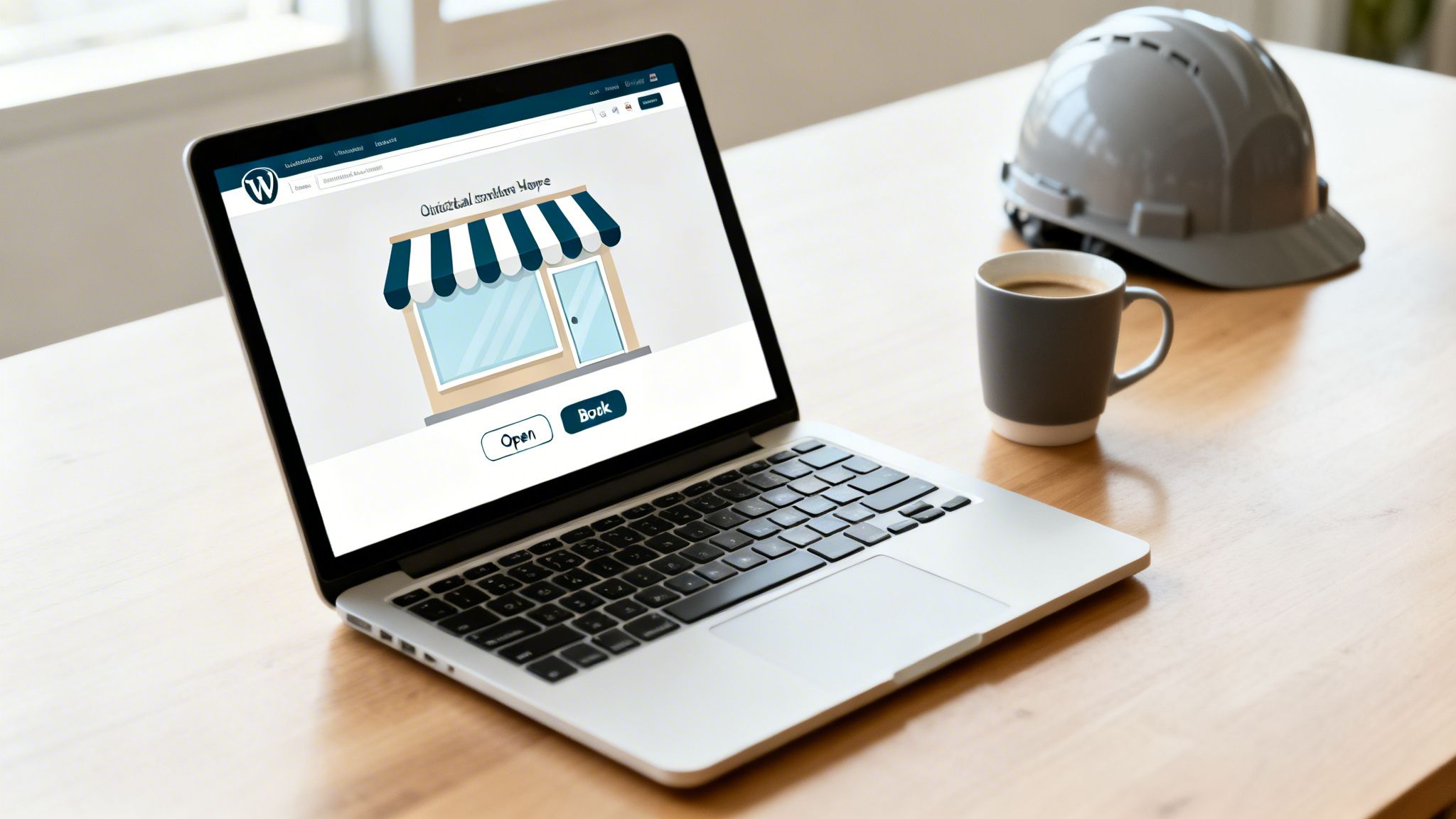 A laptop on a wooden desk displays a WordPress website for a shop, with a coffee mug and hard hat nearby.